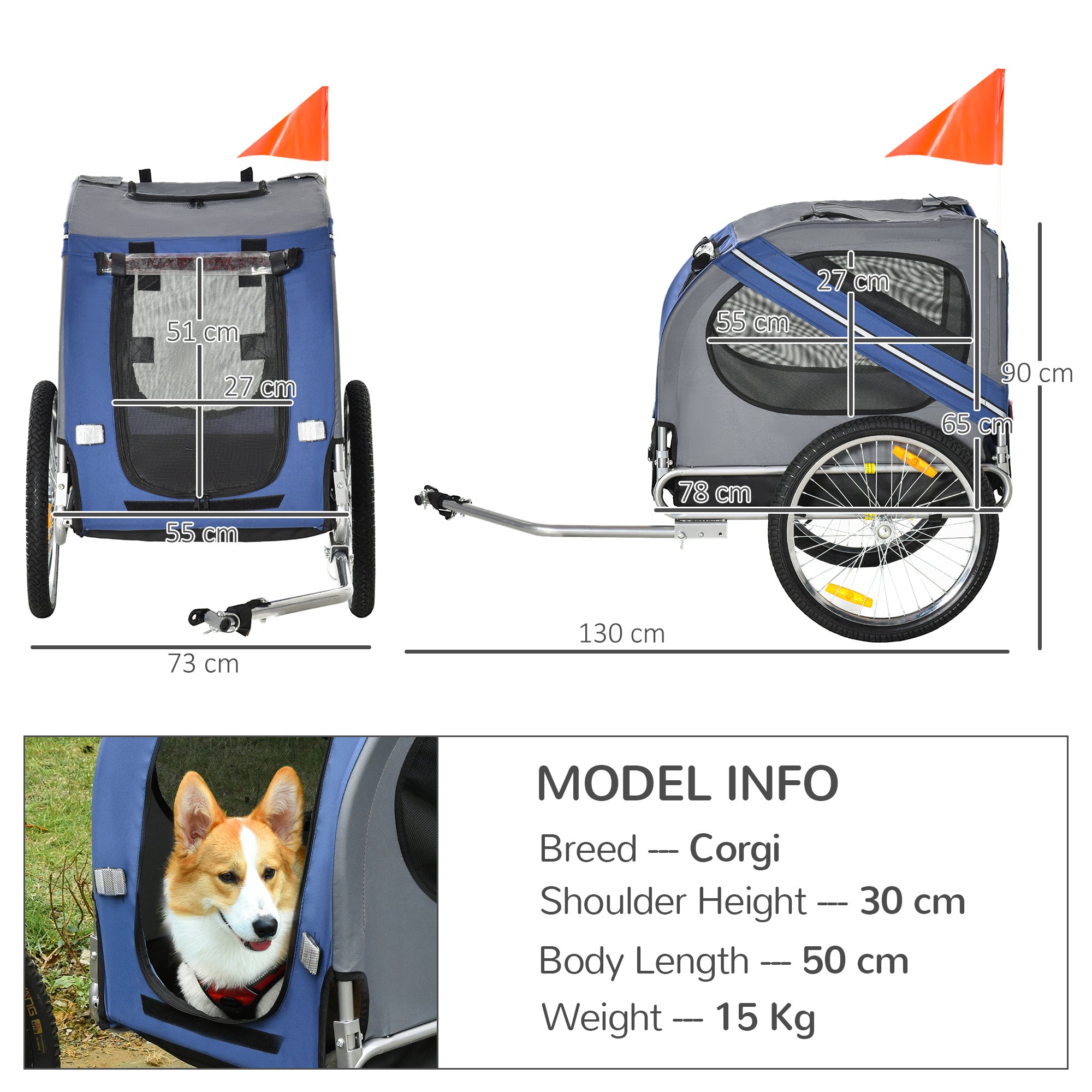 Dog Bike Trailer Pet Bicycle Trailer Foldable Dog Cat Bike Carrier with Suspension- Blue-2