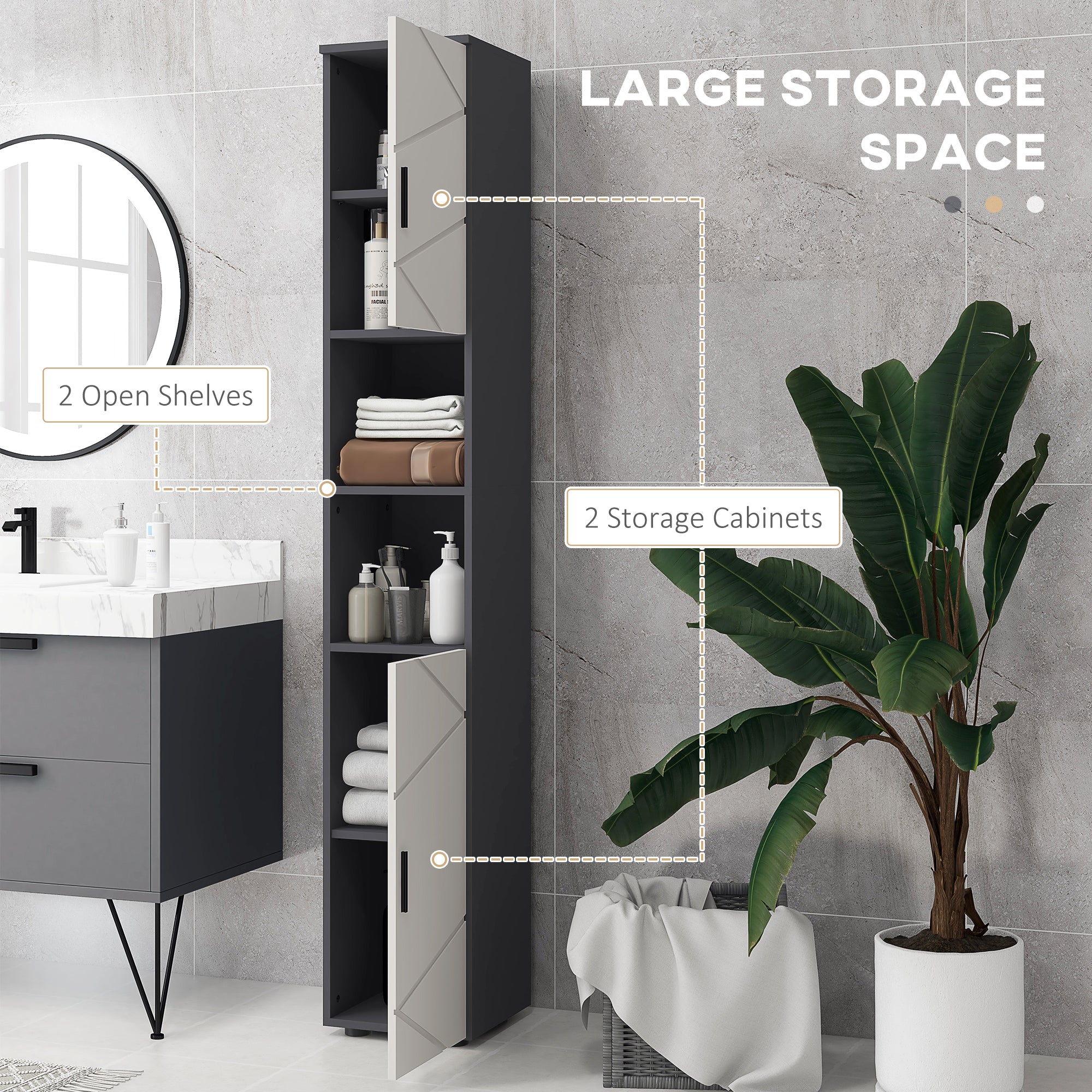 183cm Tall Bathroom Cabinet, Narrow Bathroom Storage Cabinet w/ Open Shelves, 2 Doors Cabinets, Adjustable Shelves, Grey-3