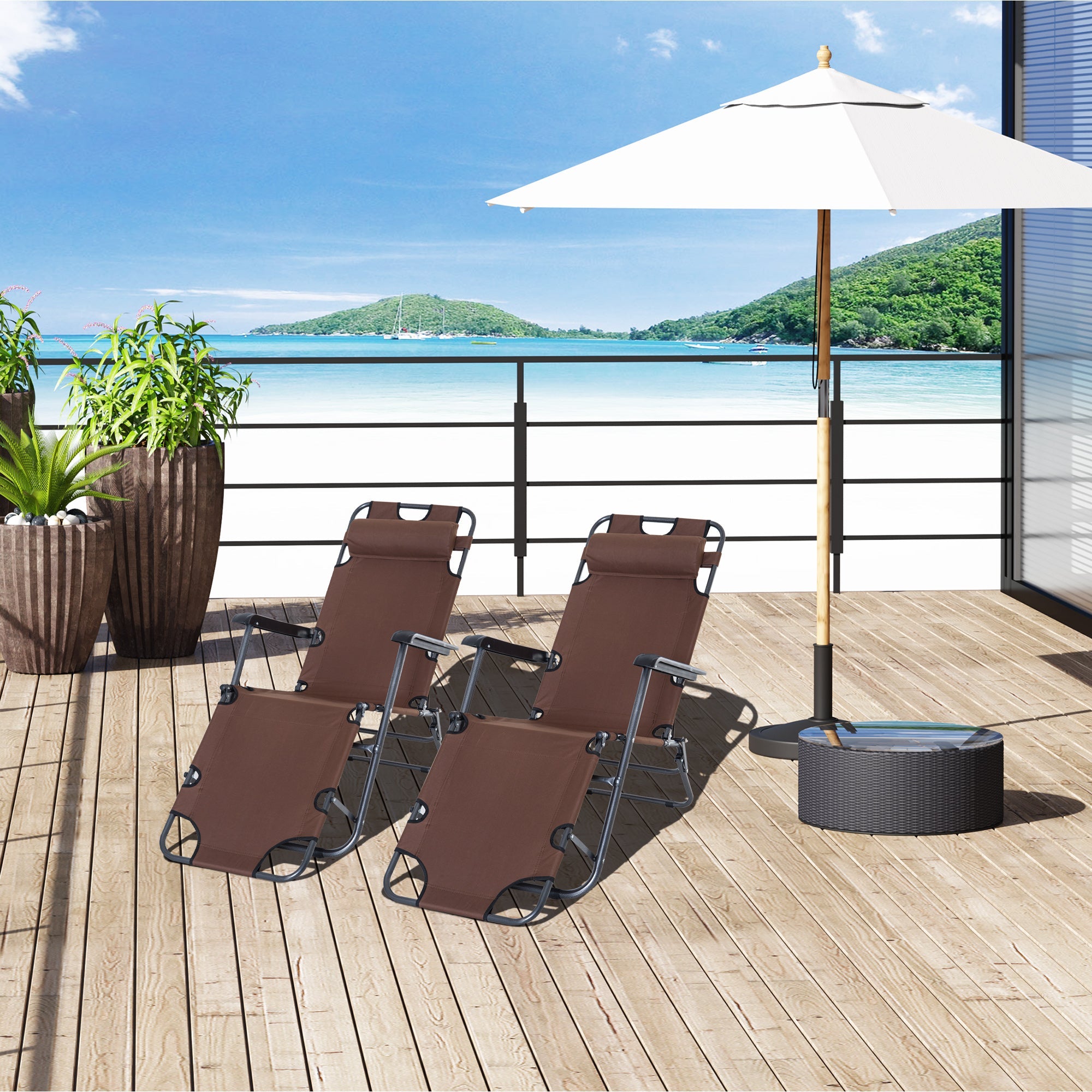 2 Pieces Foldable Sun Loungers with Adjustable Back, Outdoor Reclining Garden Chairs with Pillow and Armrests, Brown-1