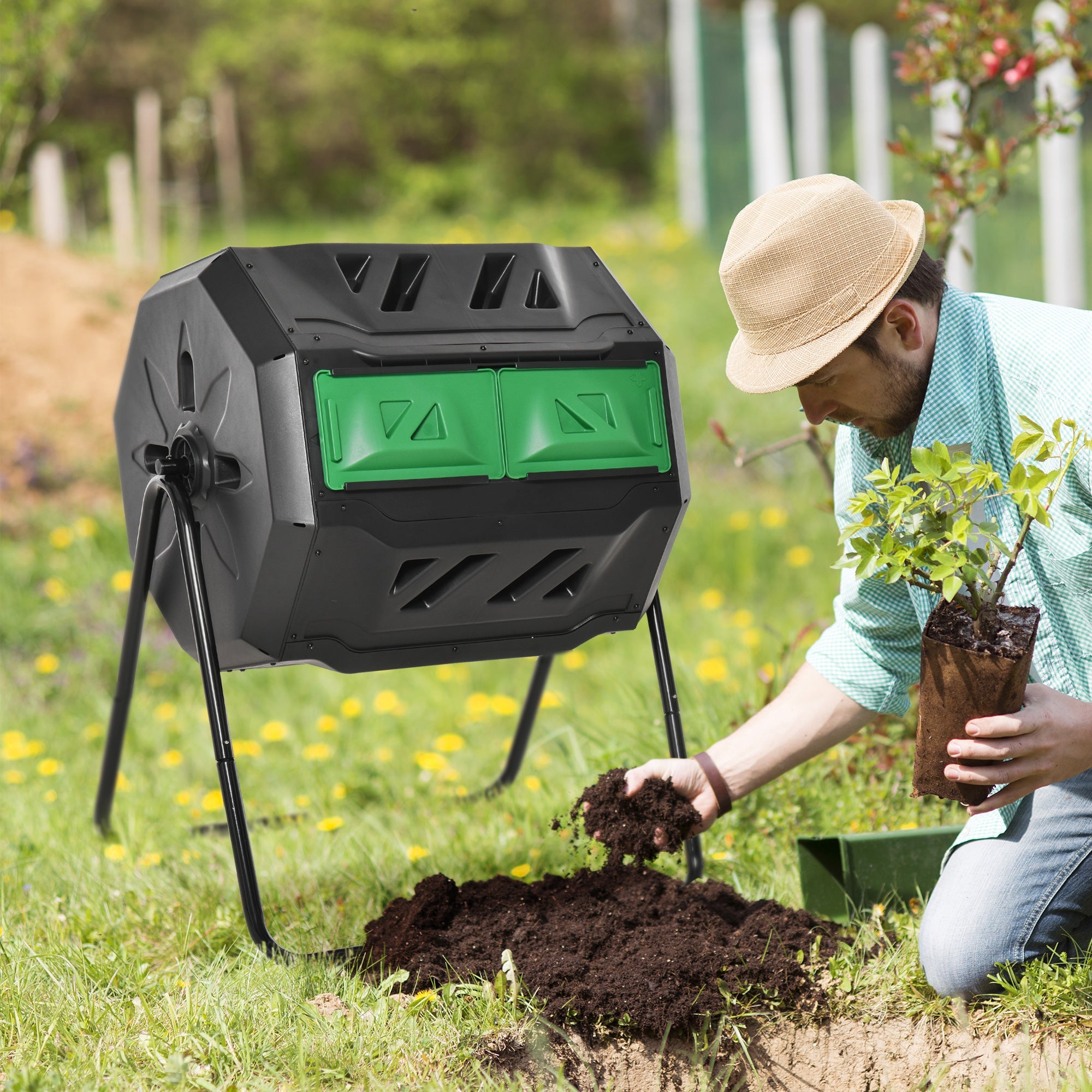 160L Tumbling Compost Bin Outdoor Dual Chamber 360° Rotating Composter w/ Sliding Doors & Solid Steel Frame, Black-1