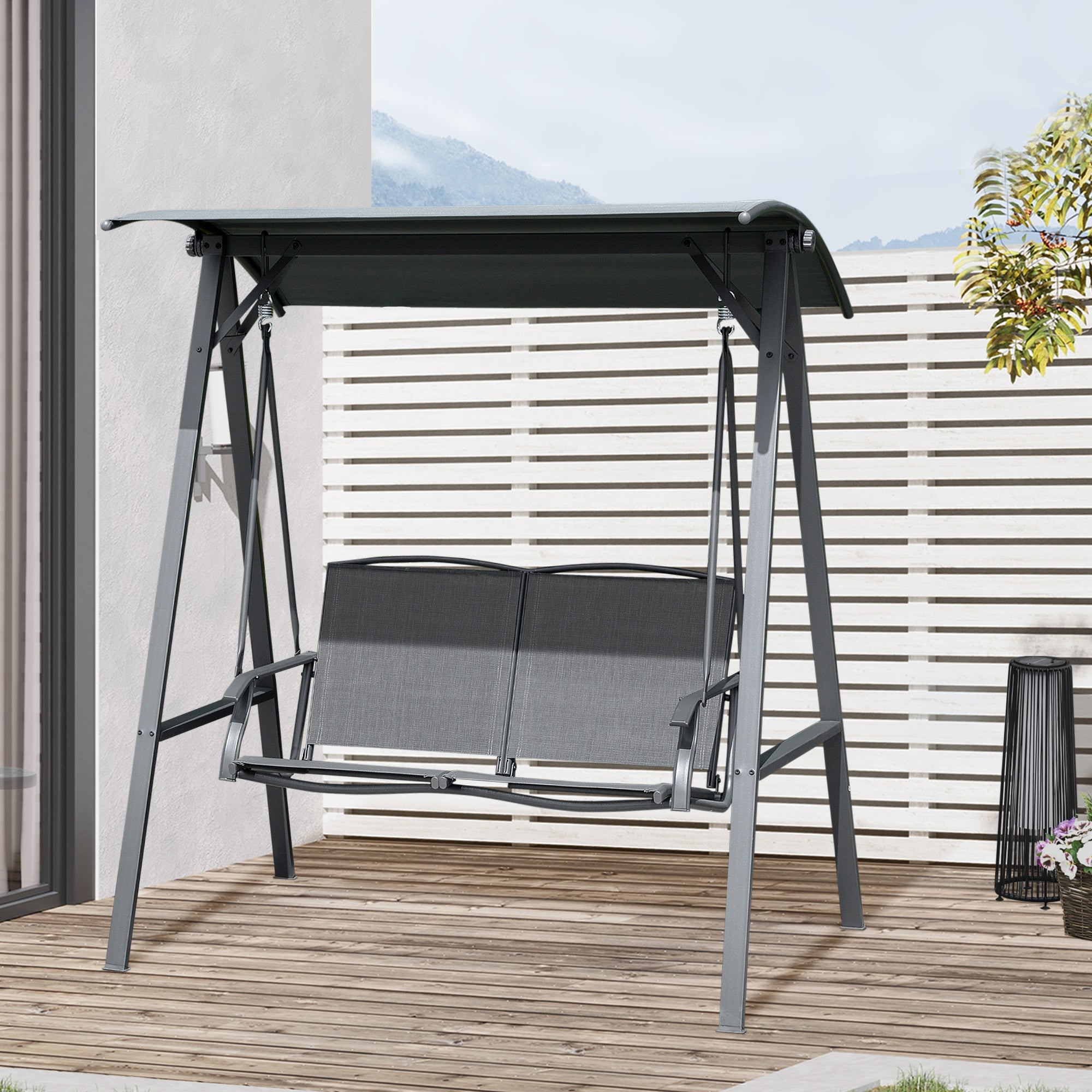 2 Seater Garden Swing Chair, Outdoor Canopy Swing Bench with Adjustable Shade and Metal Frame, Dark Grey-1