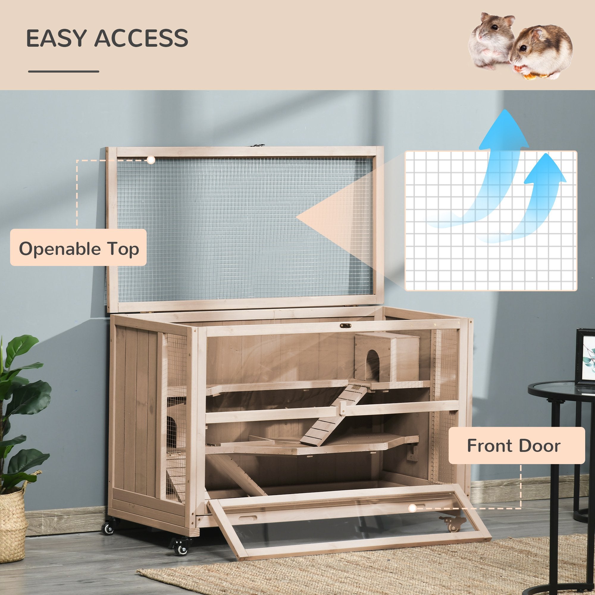 Wooden Hamster Cage, Mice Rodent Small Animals Kit Hutch, 3 Tiers Exercise Play House, with Wheels, Bottom Tray, 99 x 50 x 69 cm, Natural Wood-4