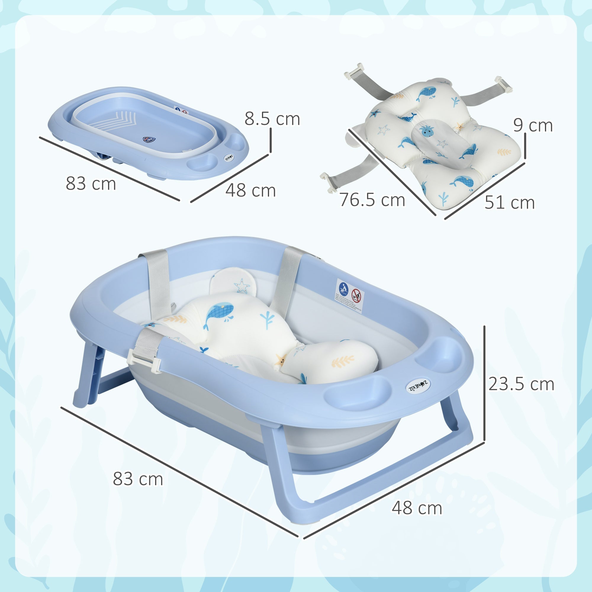 Foldable Baby Bath Tub, Bath Tub with Non-Slip Support, Cushion Pad, Drain Plugs, Shower Head Holder, for Newborn to 6 Years - Blue-2