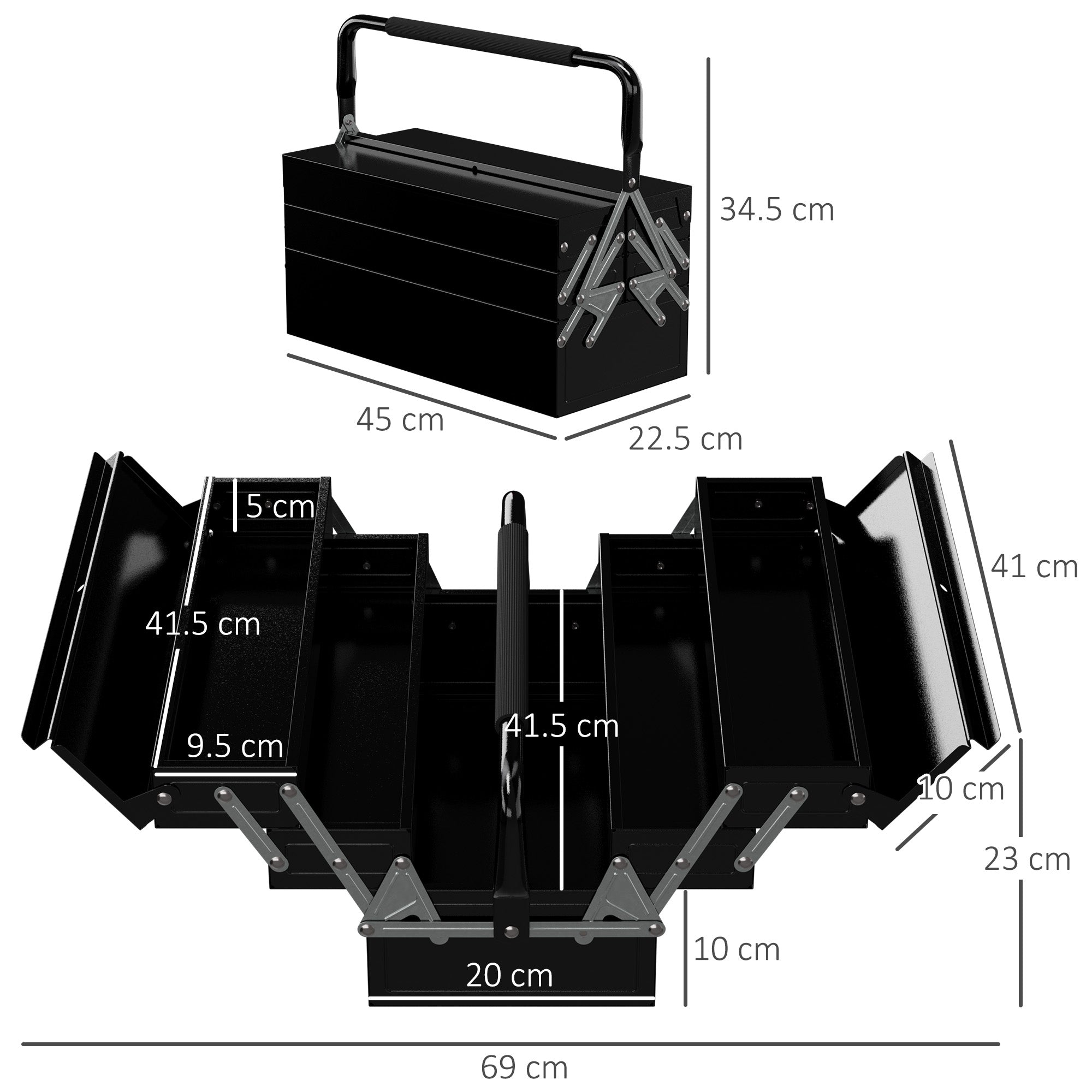 3 Tier Metal Toolbox, 5 Tray Professional Portable Tool Box with Carry Handle for Workshop, 45cmx22.5cmx34.5cm, Black-2