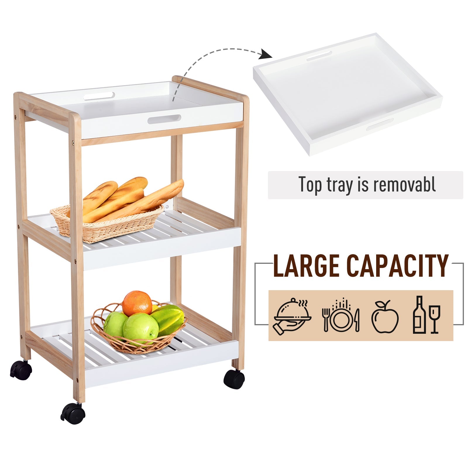 3-Tier Mobile Kitchen Trolley Cart Storage Shelves Rack Rolling Wheels White 46 x 35 x 74.5 cm-3