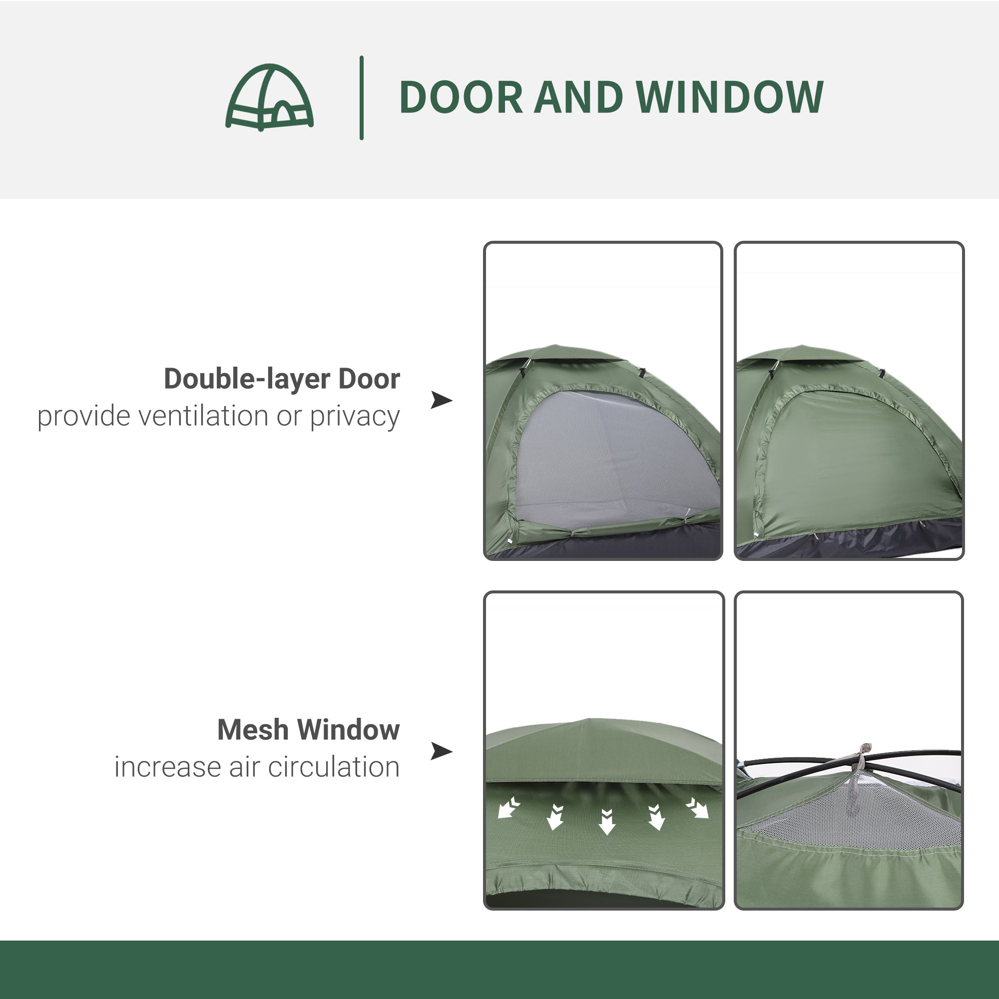 2 Person Camping Tent, Camouflage Tent with Zipped Doors, Storage Pocket, Portable Handy Bag, Dark Green-3