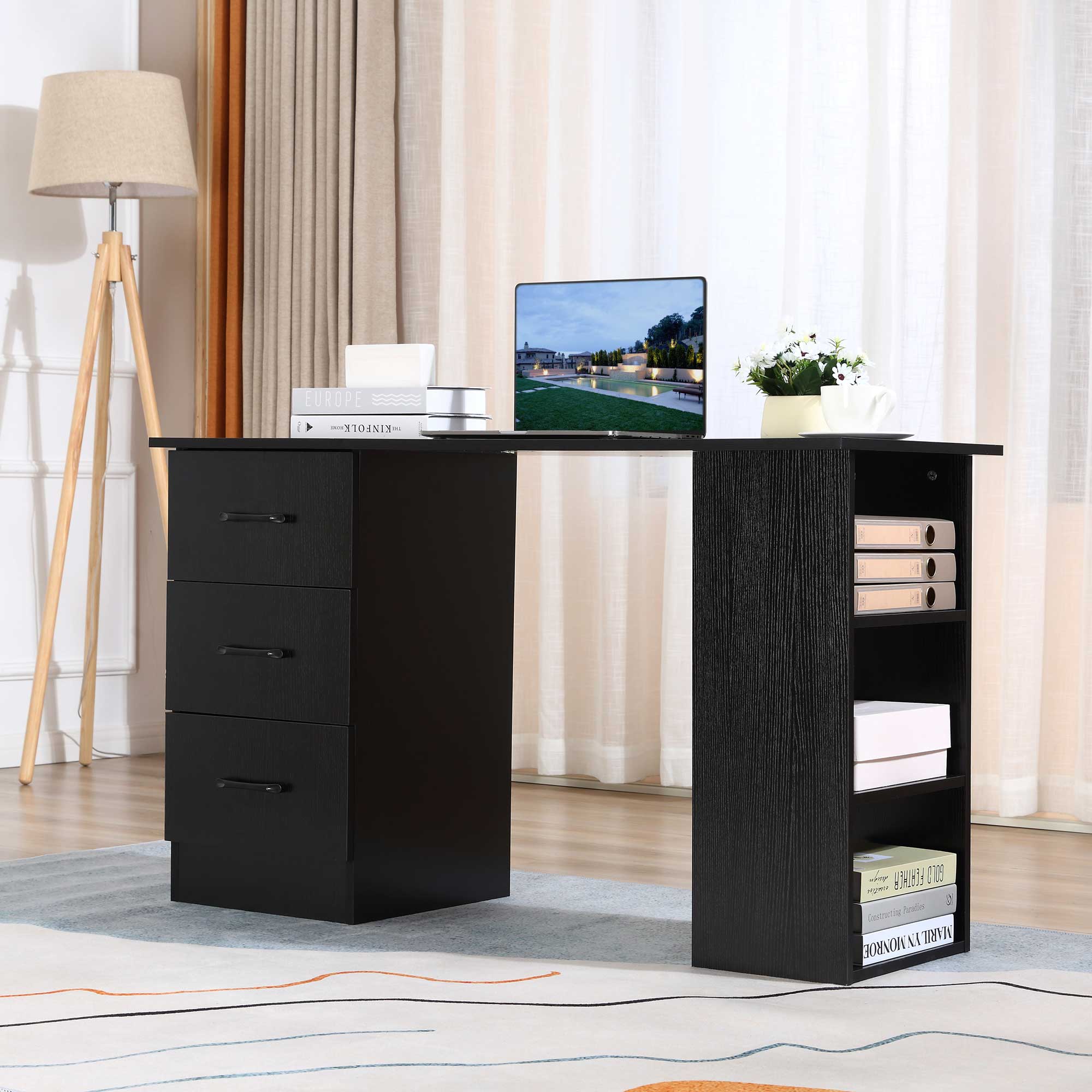 120cm Computer Desk with Storage Shelves Drawers, Writing Table Study Workstation for Home Office, Black-0