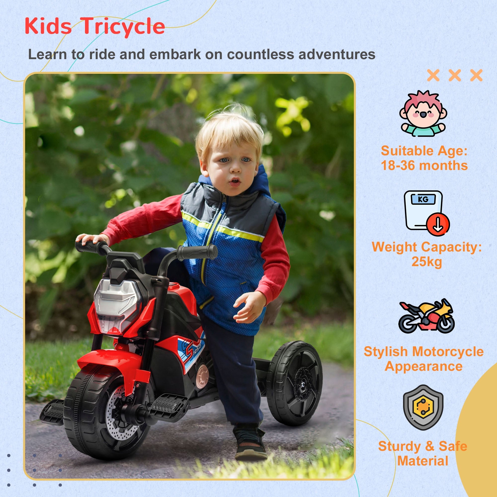 Motorcycle Design 3 in 1 Toddler Trike, Sliding Car, Balance Bike with Headlight, Music, Horn, Red-2