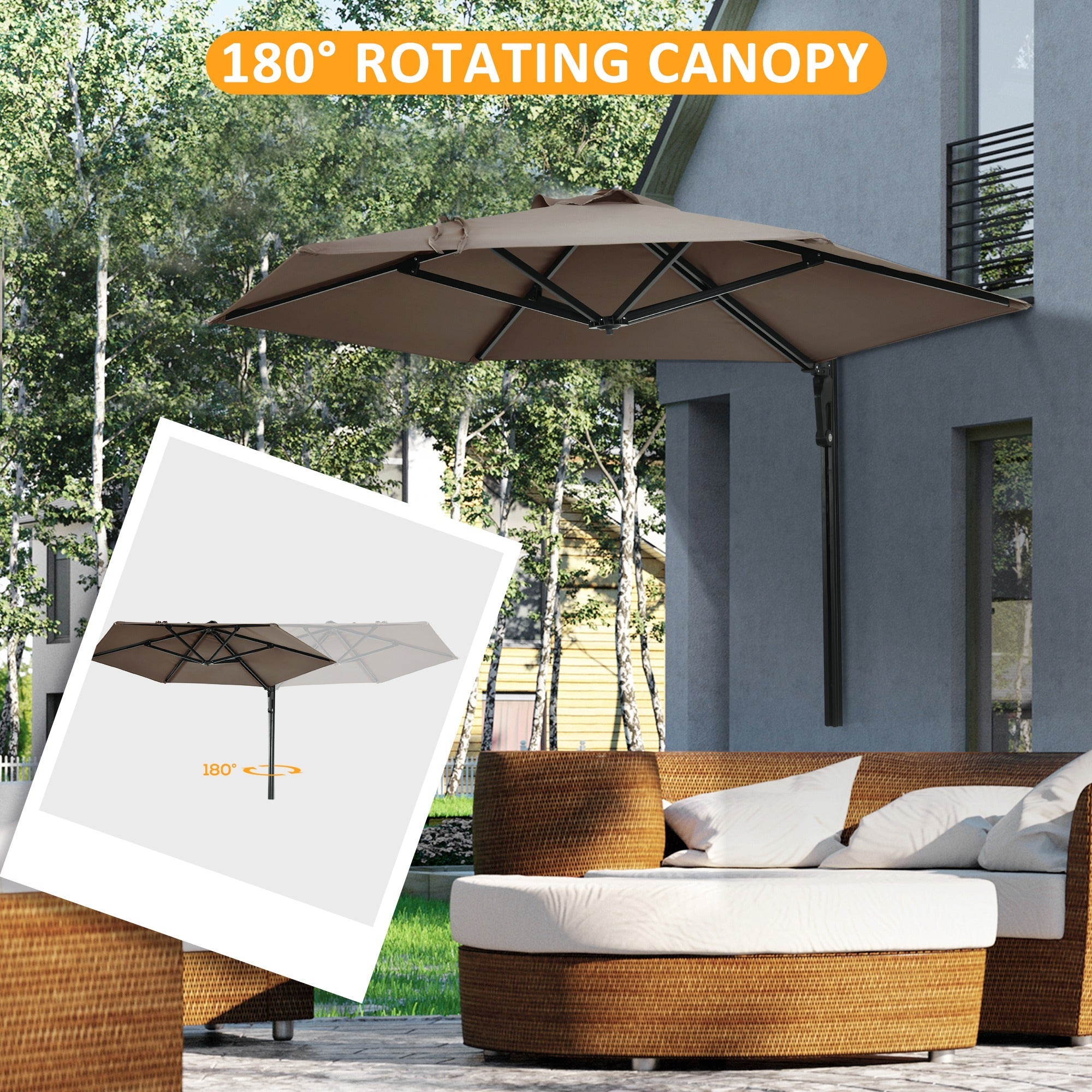 Wall Mounted Parasol, Hand to Push Outdoor Patio Umbrella with 180 Degree Rotatable Canopy for Porch, Deck, Garden, 250 cm, Khaki-3