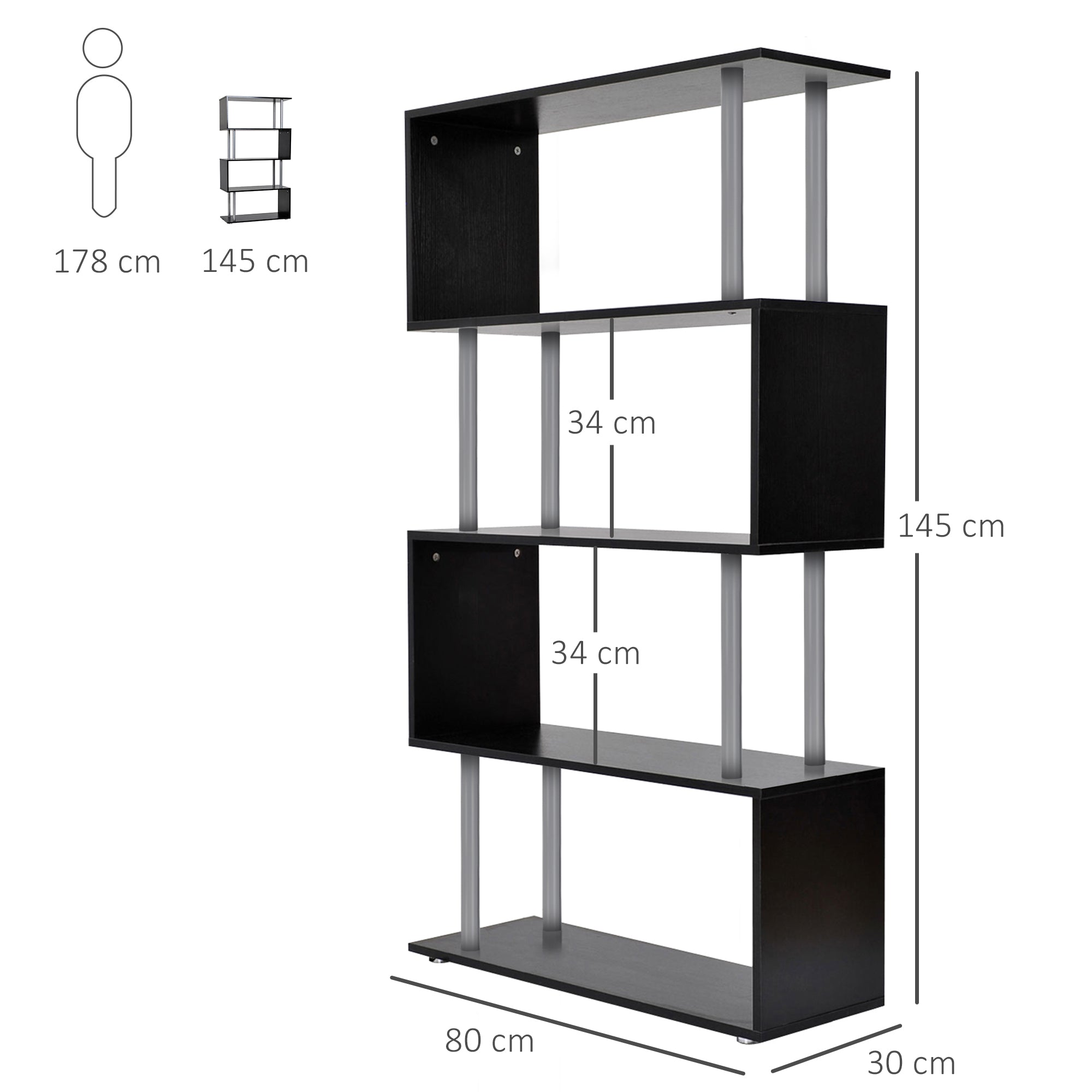 Wooden S Shape Bookcase Bookshelf Dividers Storage Display Unit Black-2