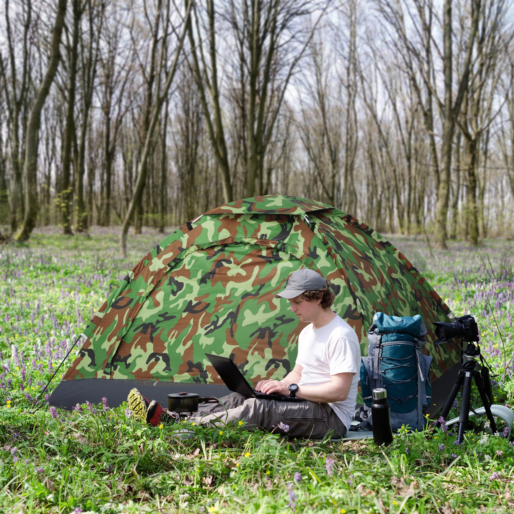 2 Person Camping Tent, Camouflage Tent with Zipped Doors, Storage Pocket, Portable Handy Bag, Multicoloured-1