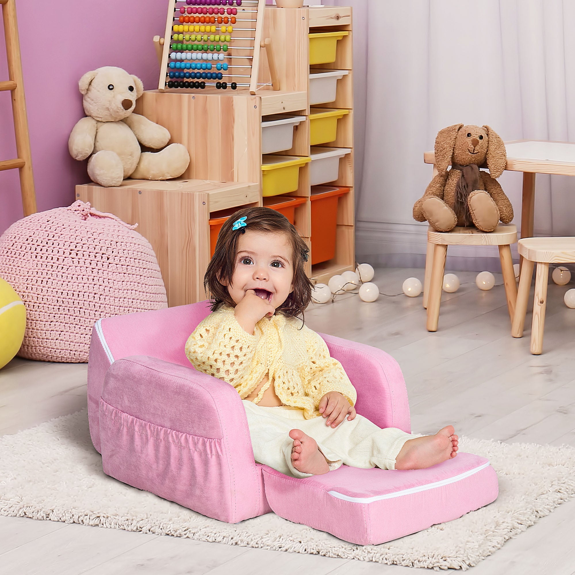 2 In 1 Kids Armchair Sofa Bed Fold Out Padded Wood Frame Bedroom, Pink-1