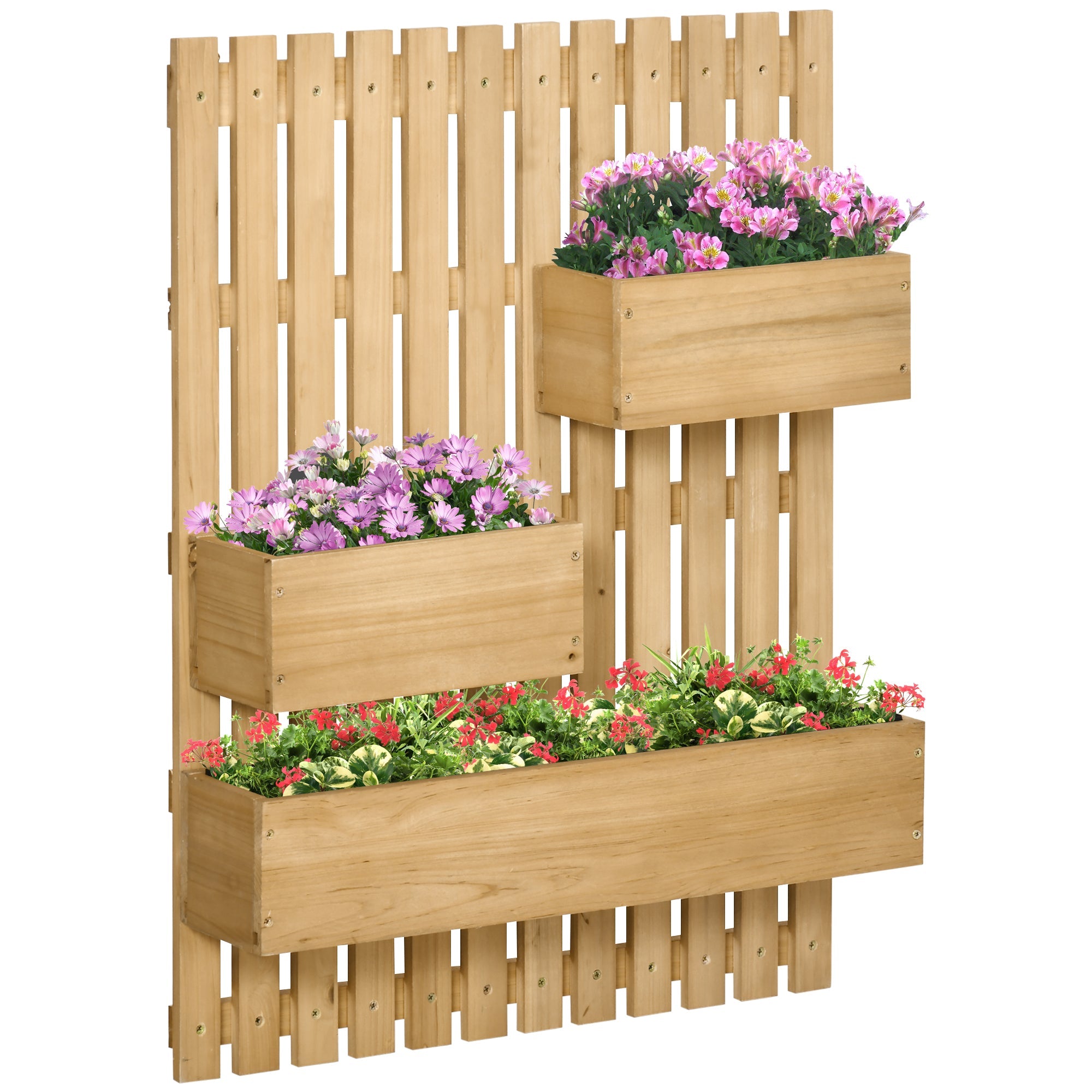 Wall-mounted Wooden Garden Planters with Trellis, Drainage Holes and 3 Movable Planter Boxes, Wall Raised Garden Bed for Patio, Natural-0