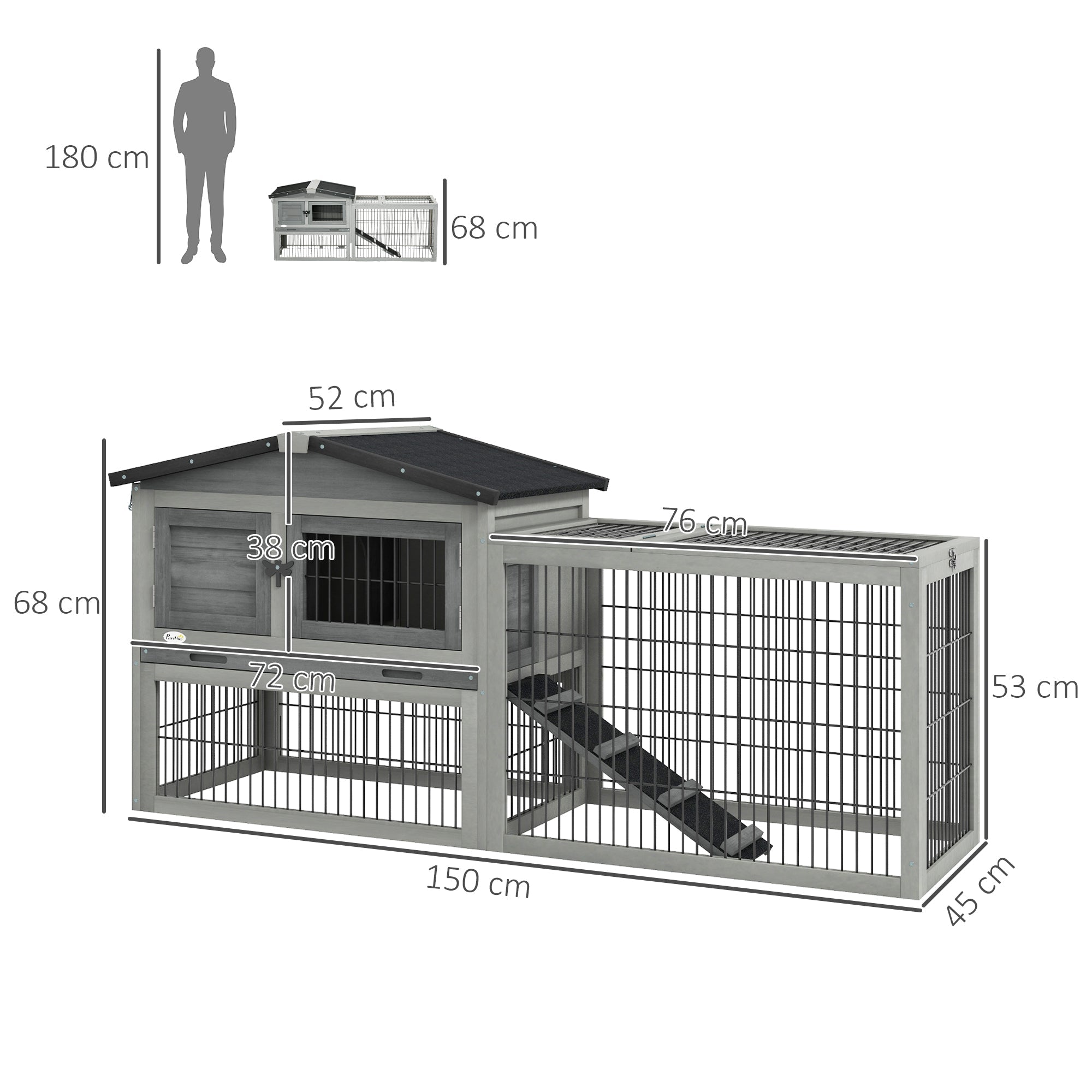 Wooden Rabbit Hutch with Outdoor Run Grey-2