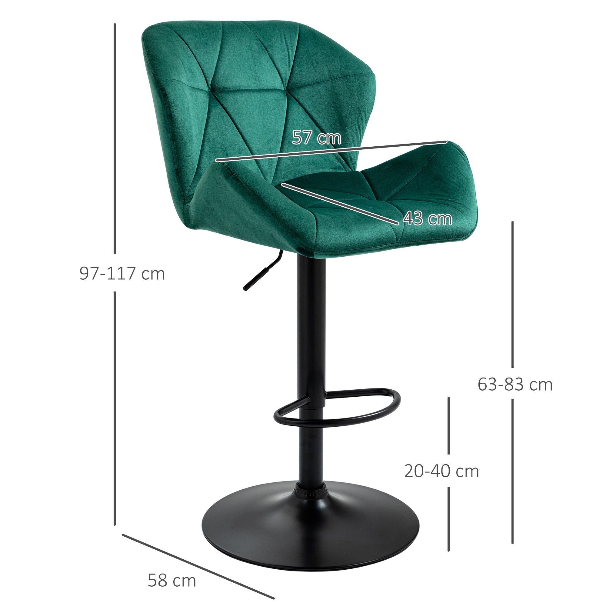 Bar Stools Set Of 2, Luxurious Velvet-Touch Barstools with Metal Frame Footrest Round Base Triangle Indenting Adjustable Height Swivel Green-2