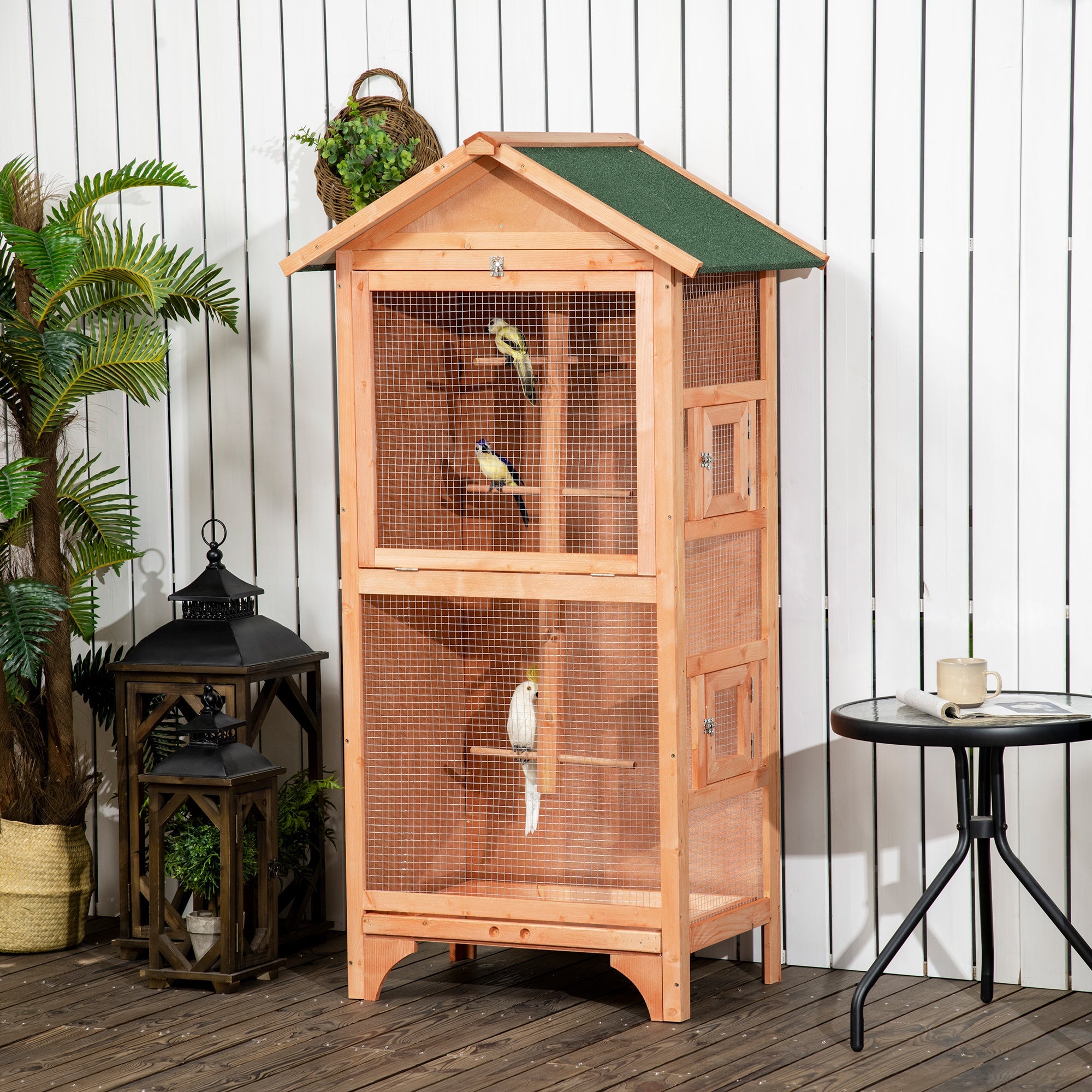 Wooden Outdoor Bird Cage, for Finches and Canaries, with Removable Tray, Asphalt Roof-1