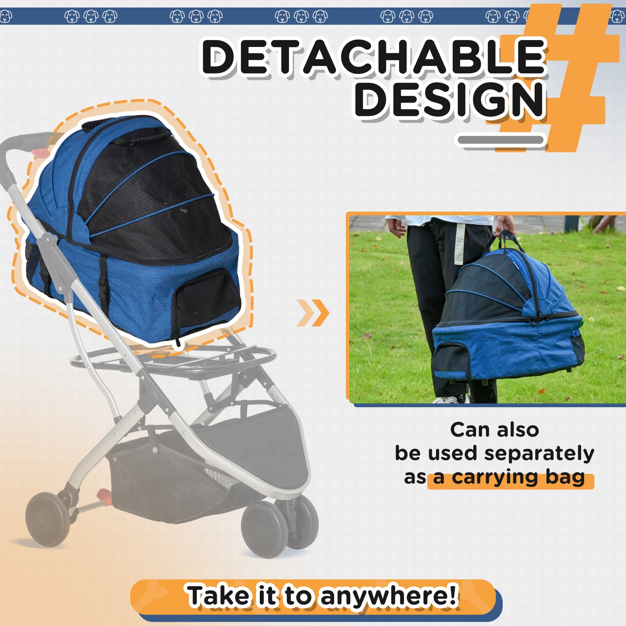 Detachable Pet Stroller Pushchair Foldable Dog Cat Travel Carriage 2-In-1 Design Carrying Bag Dark Blue-4