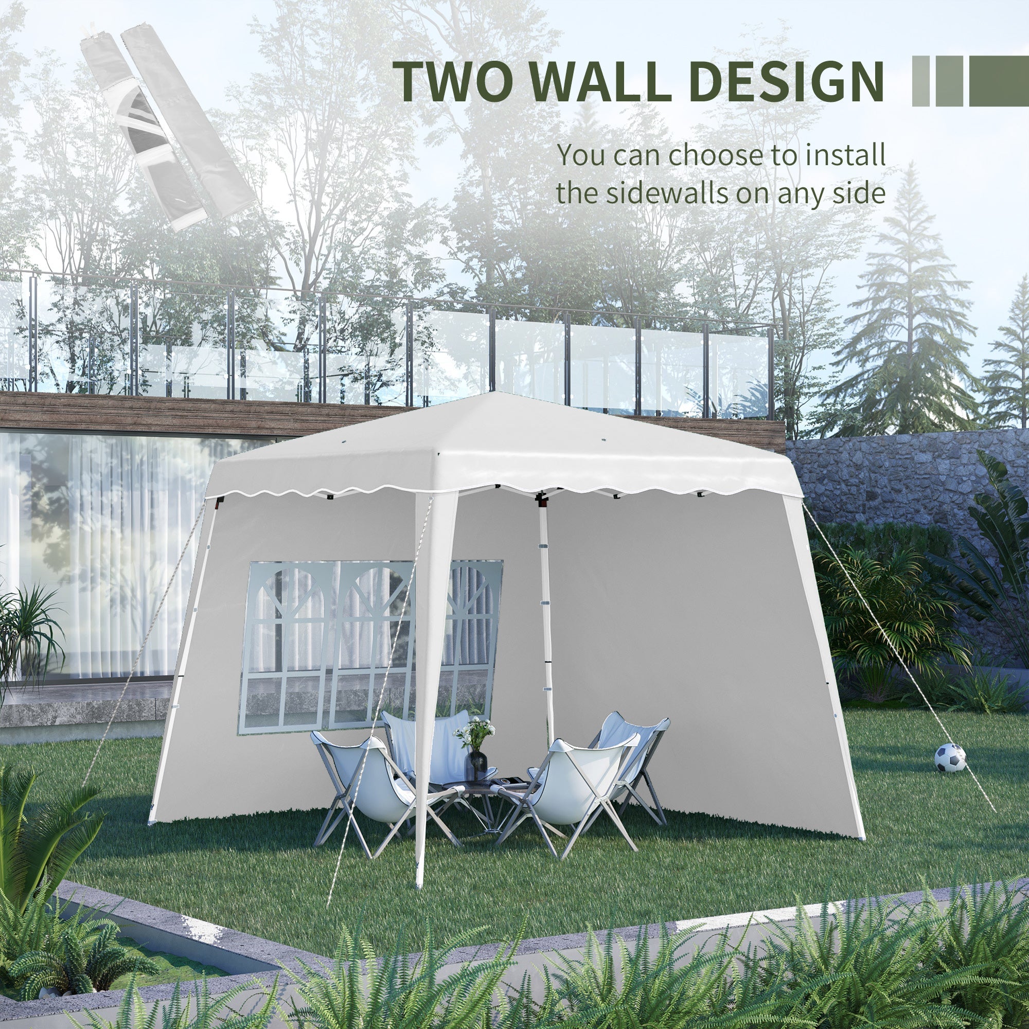 2.9 x 2.9m Pop Up Gazebo with 2 Sides, Slant Legs and Carry Bag, Height Adjustable UV50+ Party Tent Event Shelter for Garden, Patio, White-3