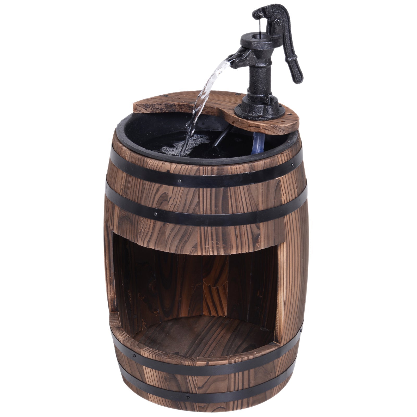 Wood Barrel Patio Water Fountain Electric Pump Garden Decorative Ornament with Flower Planter Decor-0