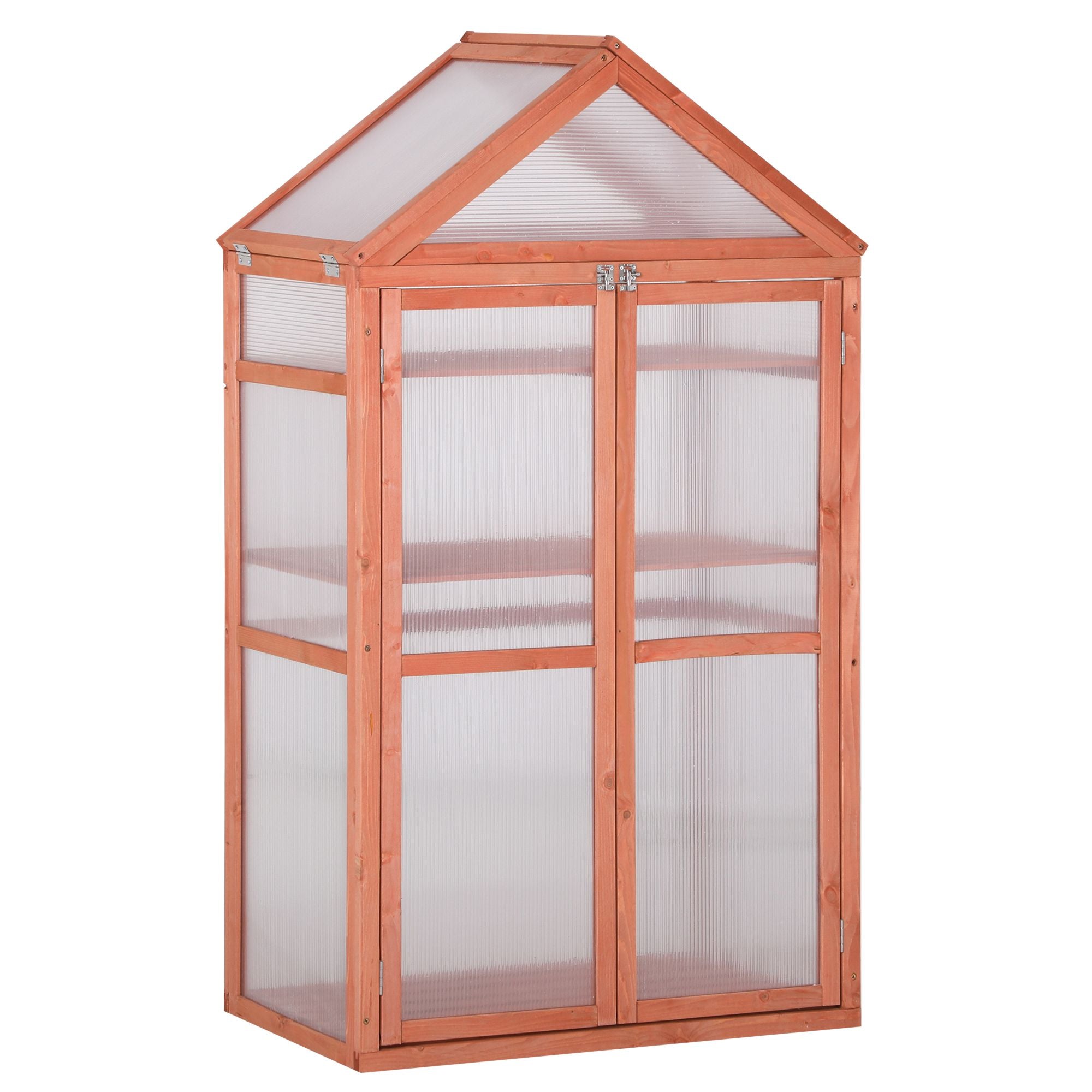 3-Tier Wooden Cold Frame Greenhouse Garden Polycarbonate Grow House w/ Adjustable Shelves, Double Doors, 80 x 47 x 138 cm, Orange-0