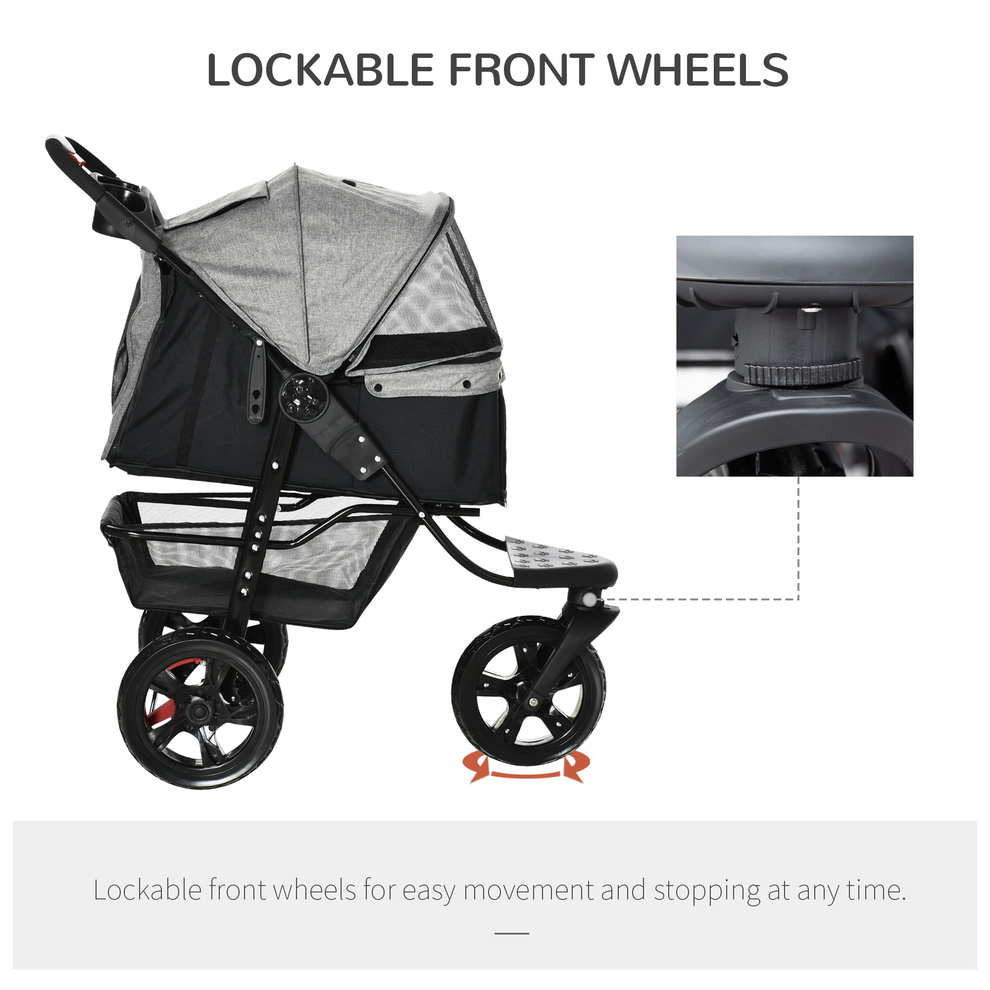 Dog Pushchair Folding Pet Stroller 3 Wheel Dog Jogger Travel Carrier Adjustable Canopy Storage Brake Mesh Window Grey-3