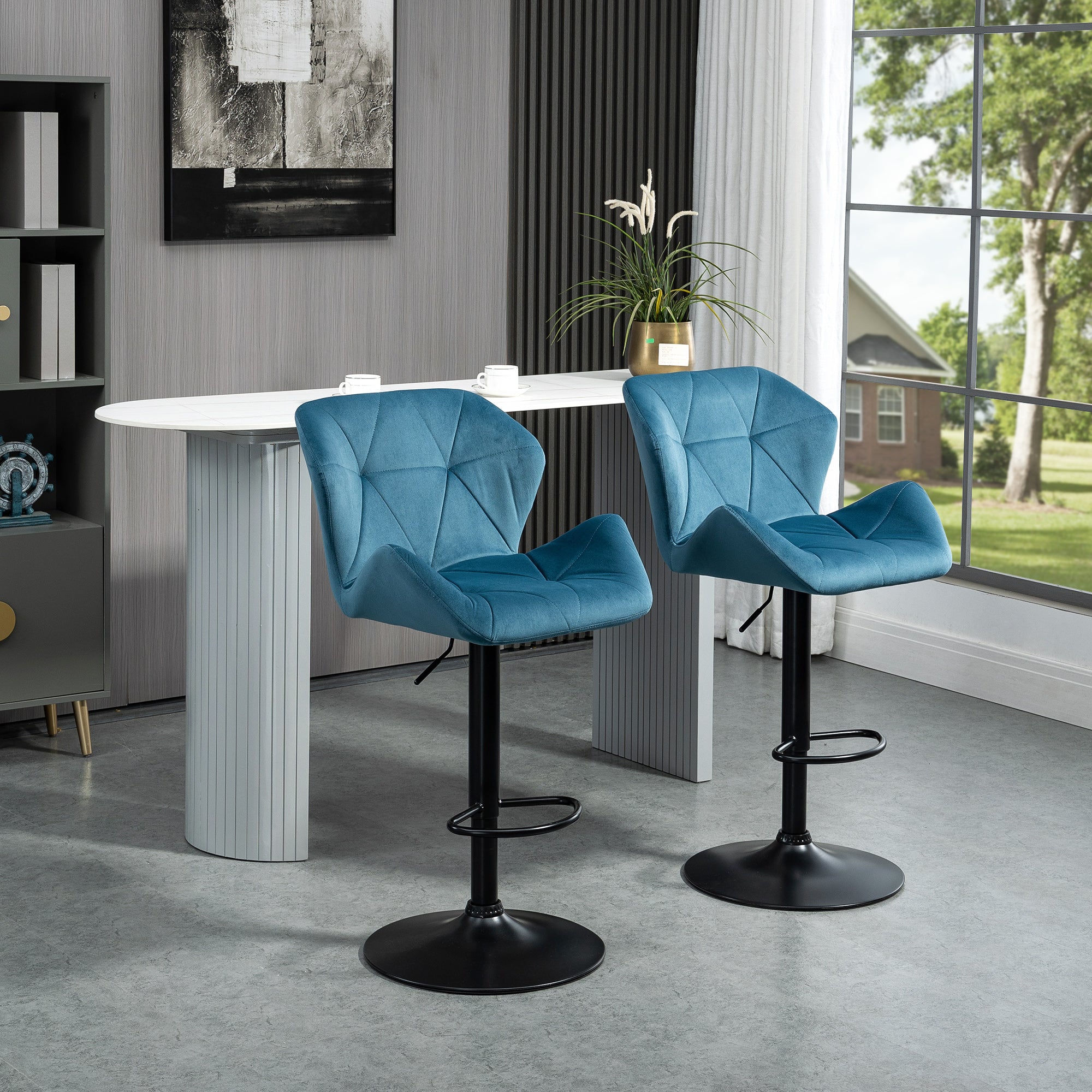 Bar Stools Set Of 2 Luxurious Velvet-Touch Barstools w/ Metal Frame Footrest Round Base Triangle Indenting Moulded Seat Adjustable Height Blue-1