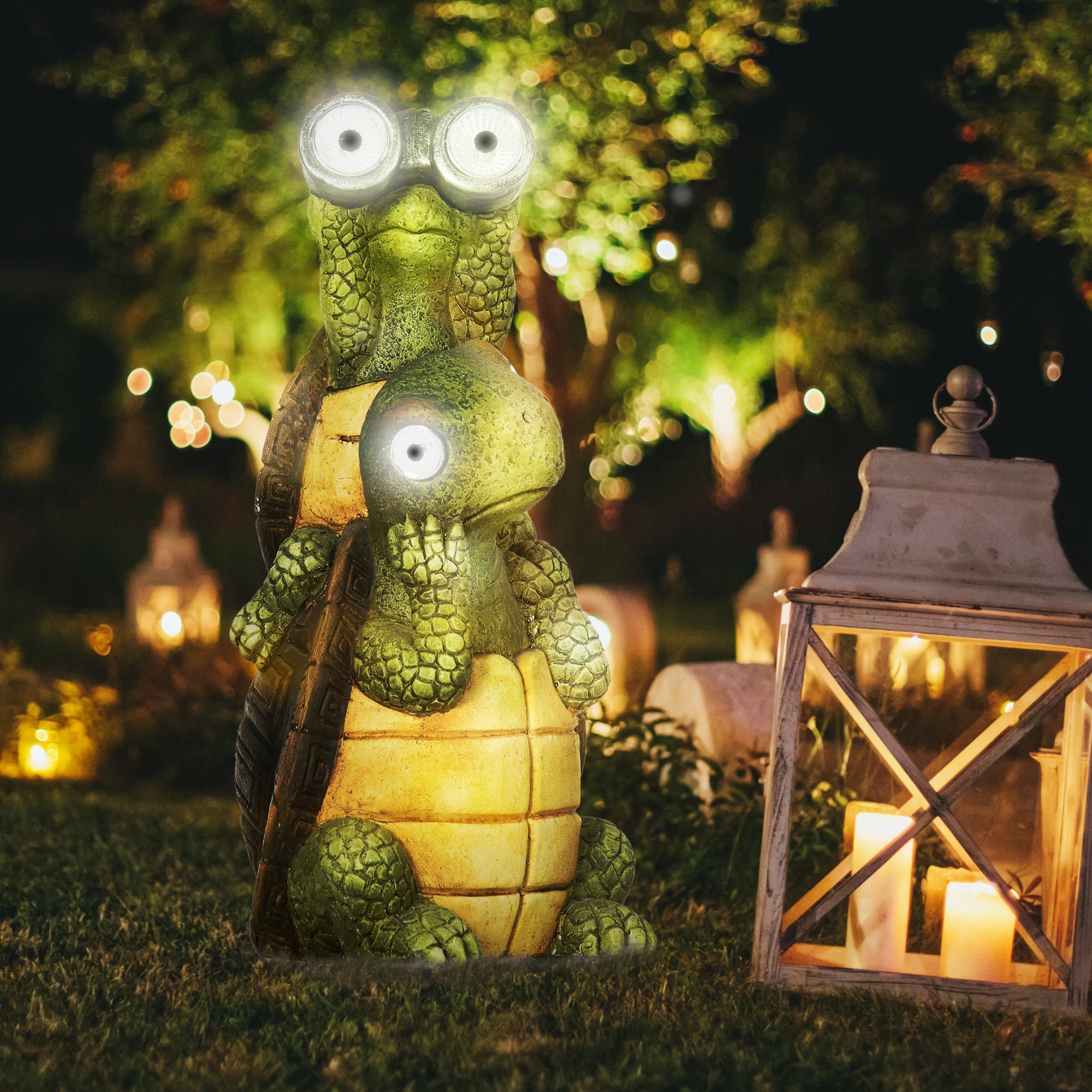 Vivid 2 Tortoises Garden Statue with Solar LED Light, Outdoor Ornament Art Sculpture Home Decoration for Porch, Deck, Grass-1