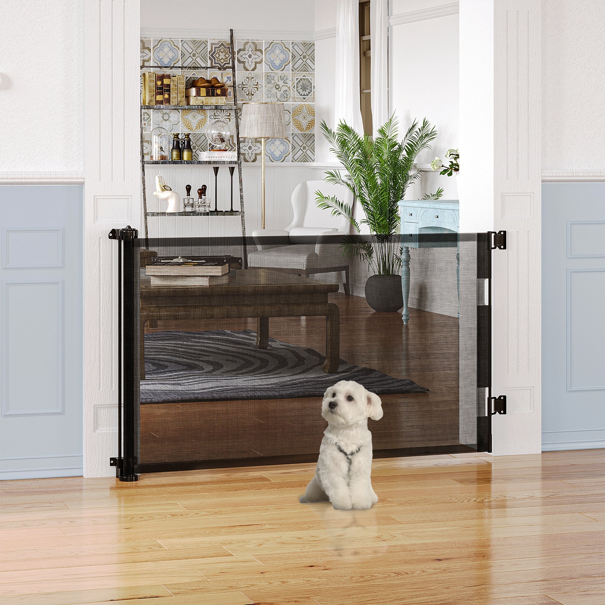 Pet Gate for Baby,Retractable Stair Gate Mesh Dog Gate, Extend Up to 150cm Wide,for Stairs, Doorways, Corridors, Black-1