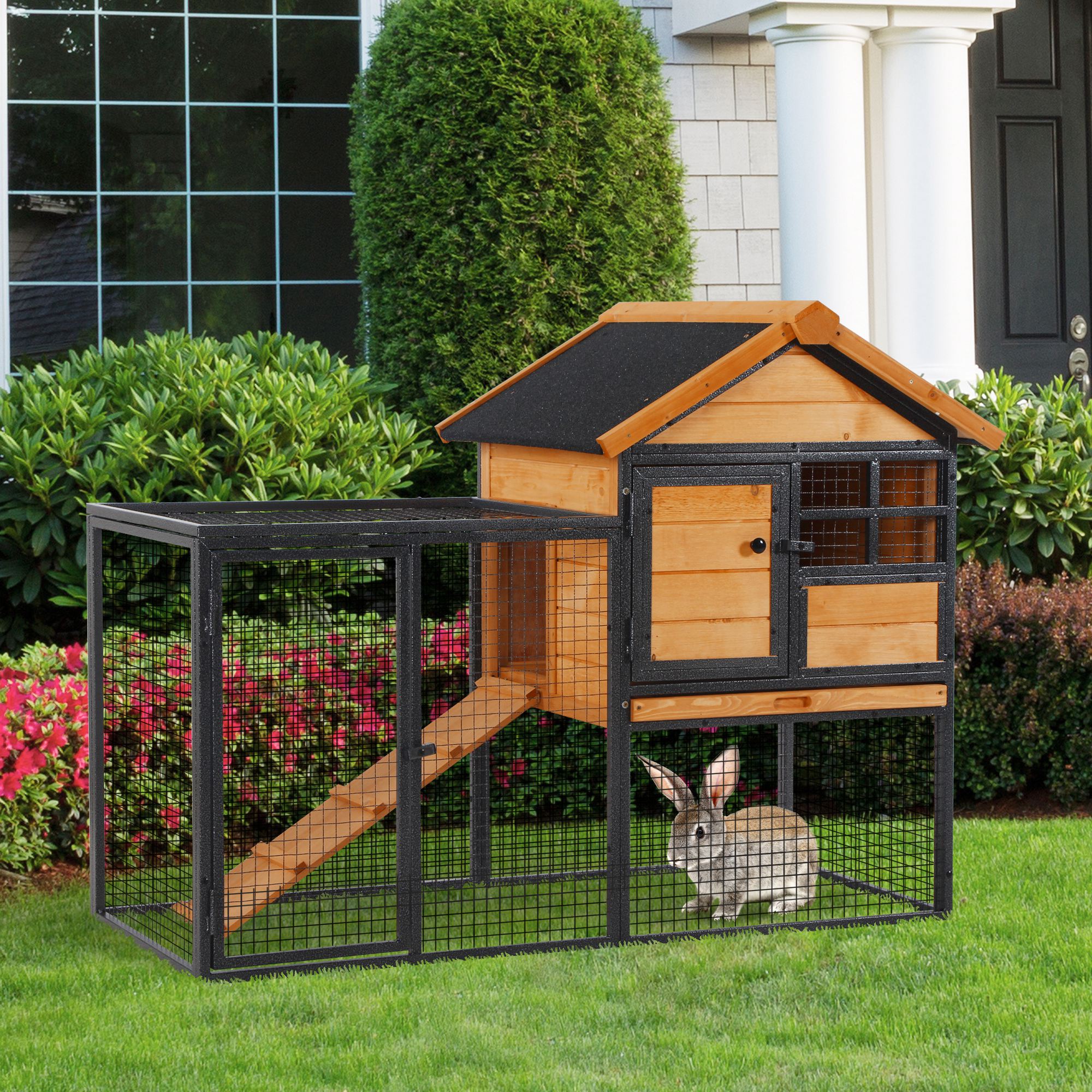 Wood-metal Guinea Pigs Hutches Elevated Pet Bunny House Rabbit Cage with Slide-Out Tray Outdoor-0