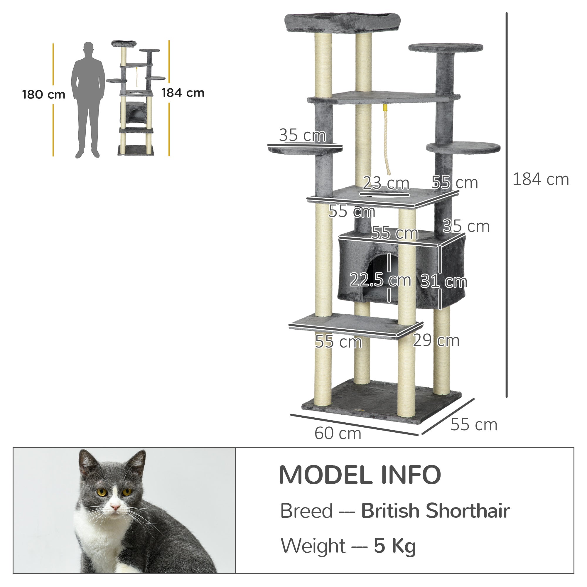 184cm Cat Tree for Indoor Cats, Multi-level Kitten Climbing Tower with Scratching Posts, Cat Bed, Condo, Perches, Hanging Play Rope, Grey-2