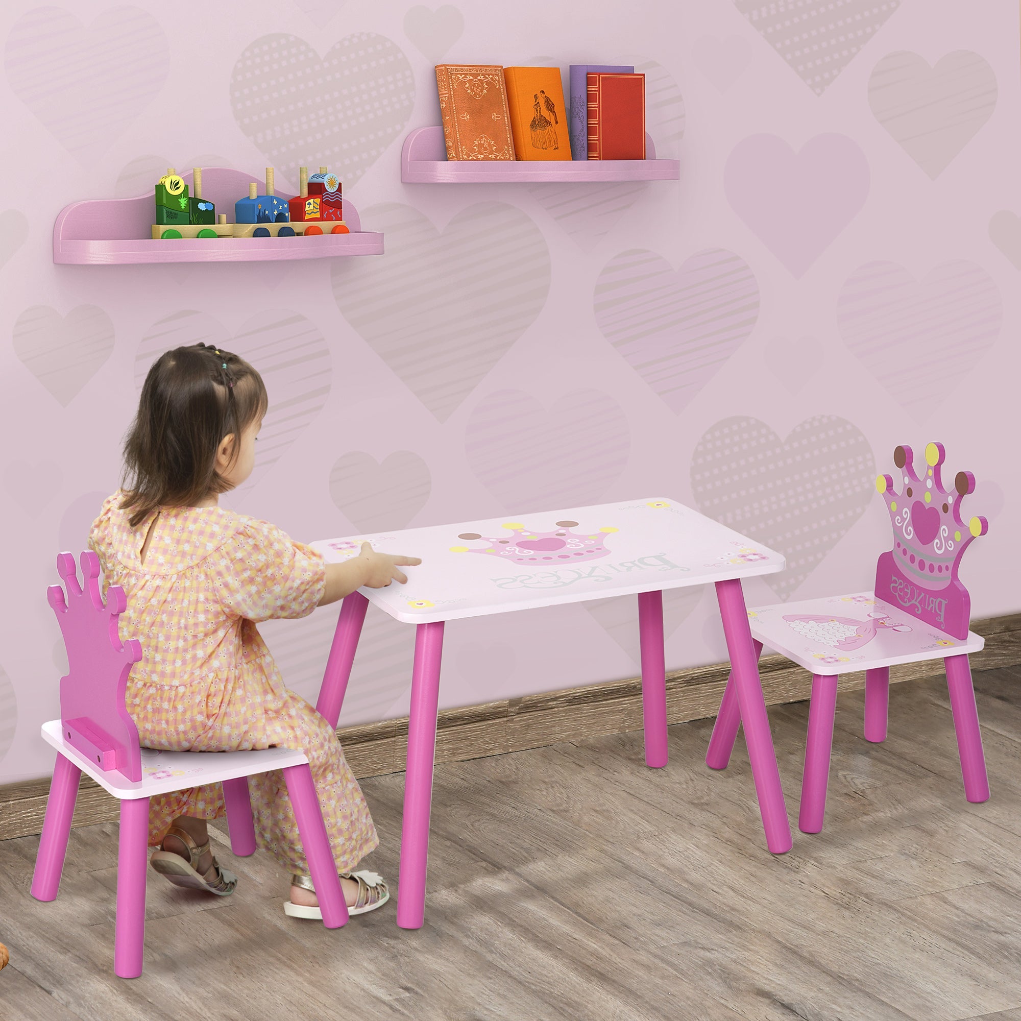 3-Piece Set Kids Wooden Table Chair with Crown Pattern Easy to Clean Gift for Girls Toddlers Age 3 to 8 Years Old Pink-1