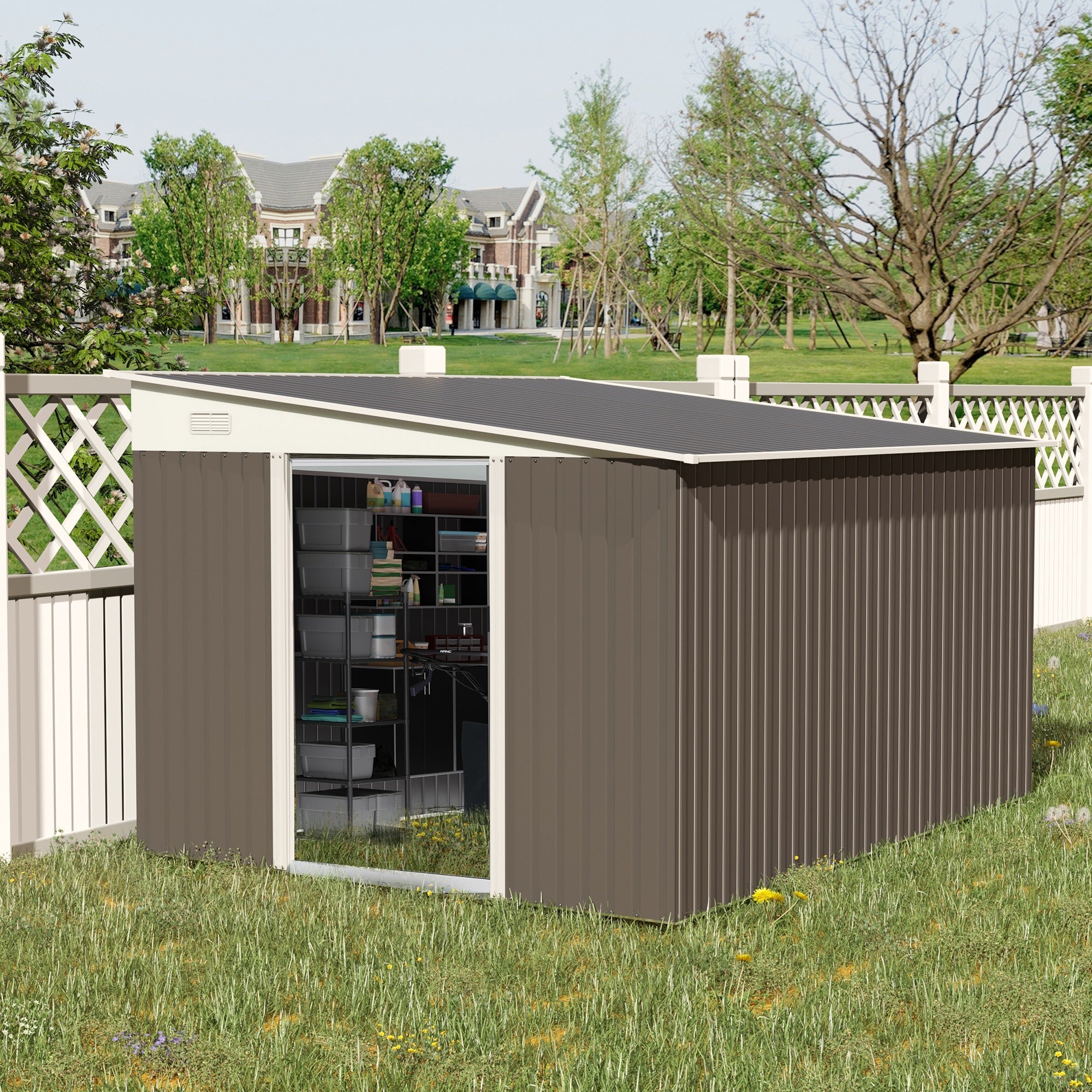 11 x 9 ft Metal Garden Storage Shed Sloped roof Tool House with Double Sliding Doors and 2 Air Vents, Grey-1