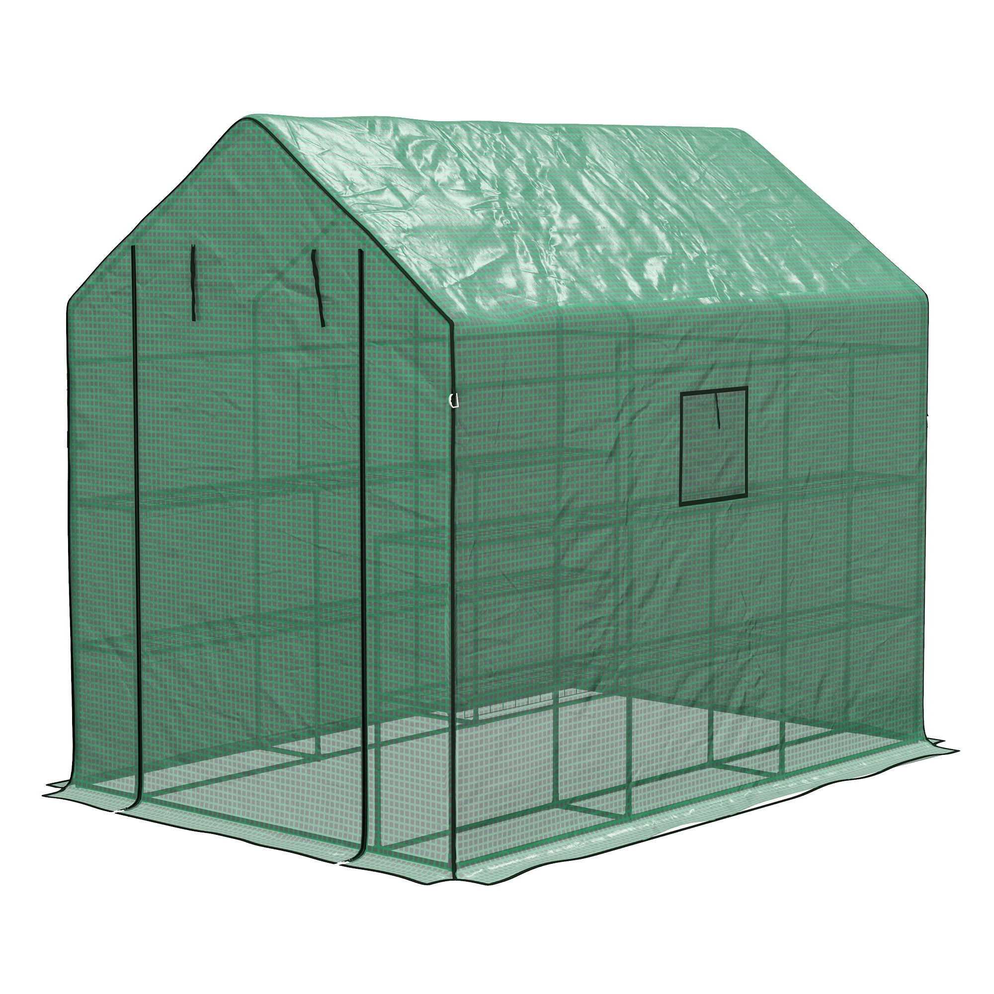 Walk-in Greenhouse w/ 3 Tier Shelves, Green House Garden Grow House w/ PE Cover, Roll-up Door, Mesh Windows, 140 x 213 x 190cm, Green-0