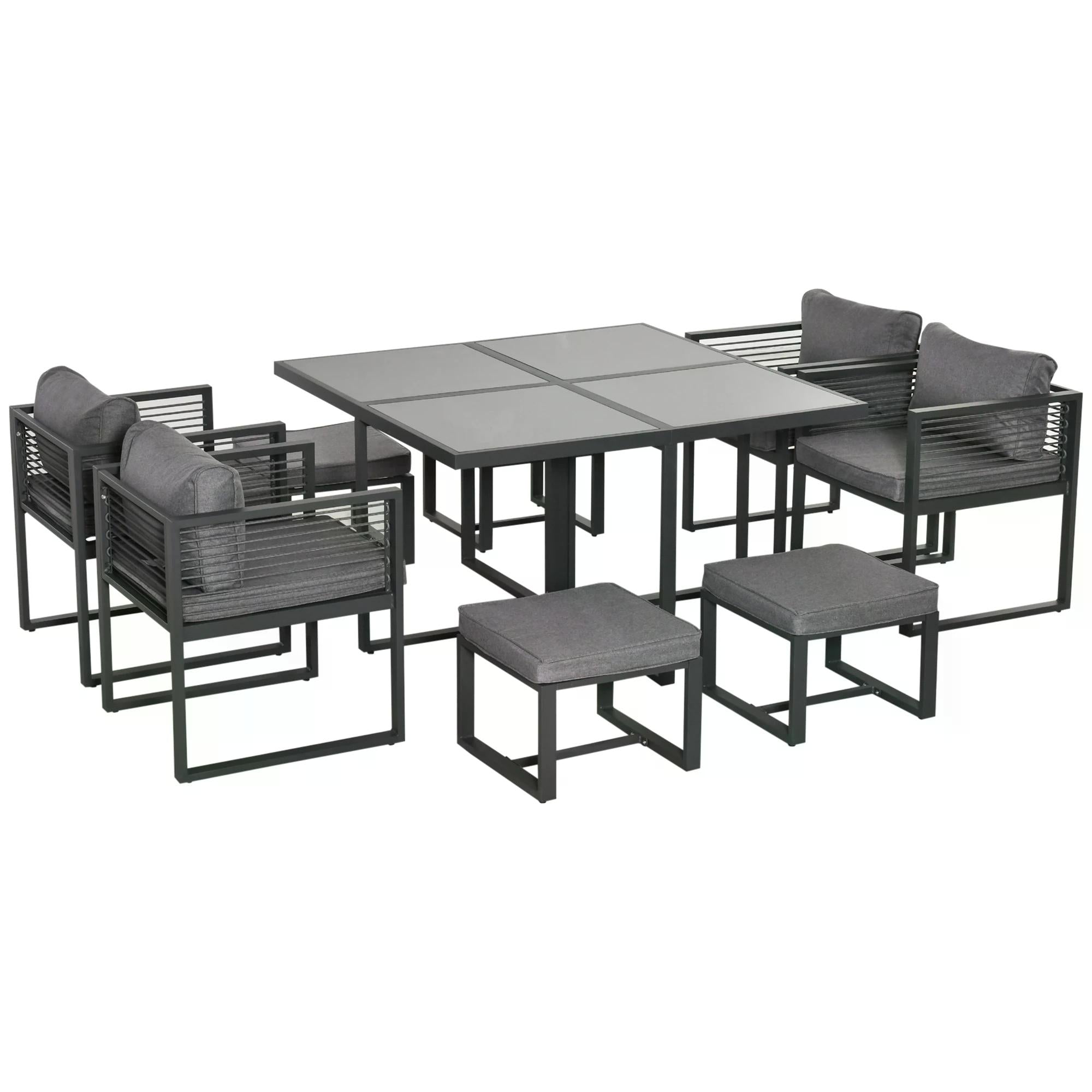 8 Seater Garden Dining Cube Set Aluminium Outdoor Furniture Set Dining Table, 4 Chairs and 4 Footstools with Cushion, Grey-0