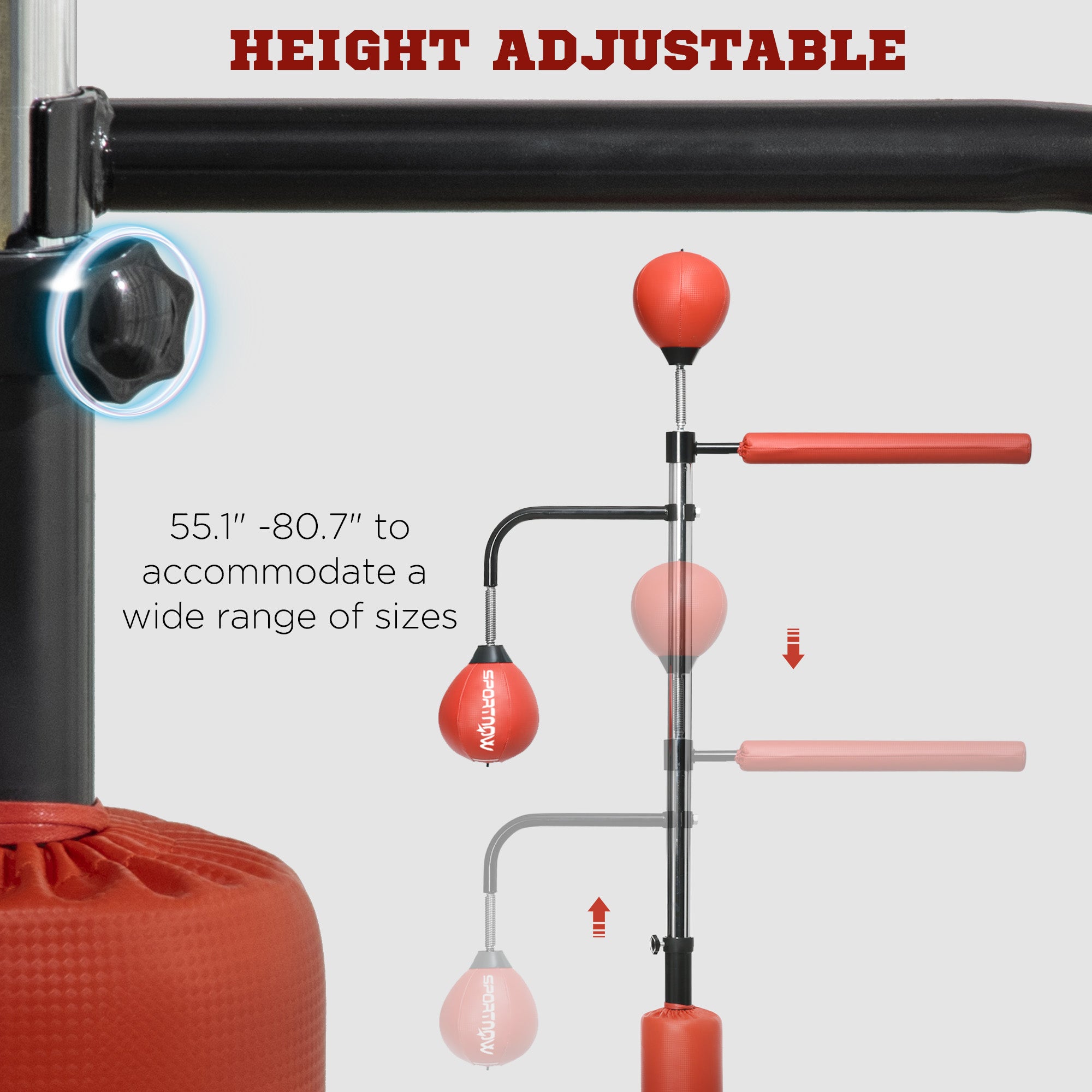 140-205cm Inflatable Punch Bag w/ Reaction Bar Challenge, Freestanding Punching Bag Training Equipment w/ Suction Cups, MMA Equipment, Red-4