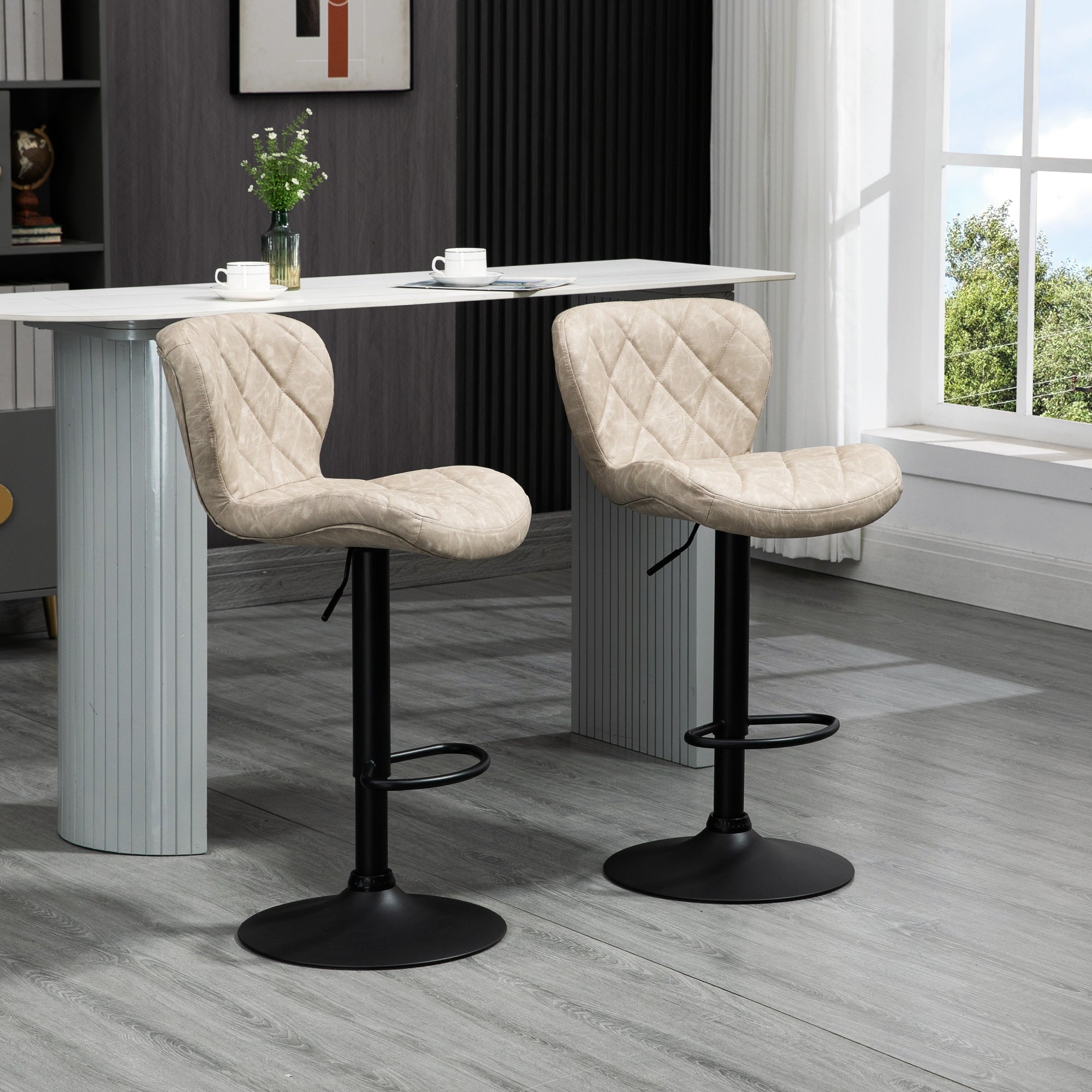 Adjustable Height Bar Stools Set of 2, Swivel Barstools with Backrest and Footrest, Steel Frame Diamond Pattern PU, Kitchen Counter Light Grey-1