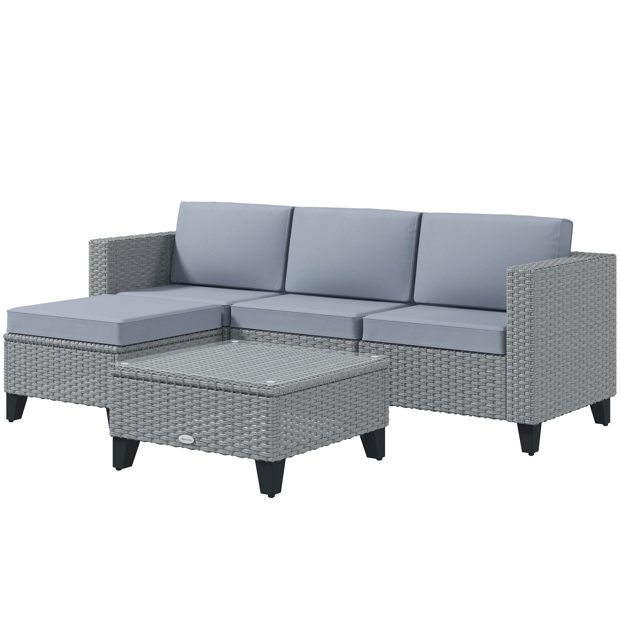 5-Piece Rattan Patio Furniture Set with Corner Sofa, Footstools, Coffee Table, for Poolside, Grey-0