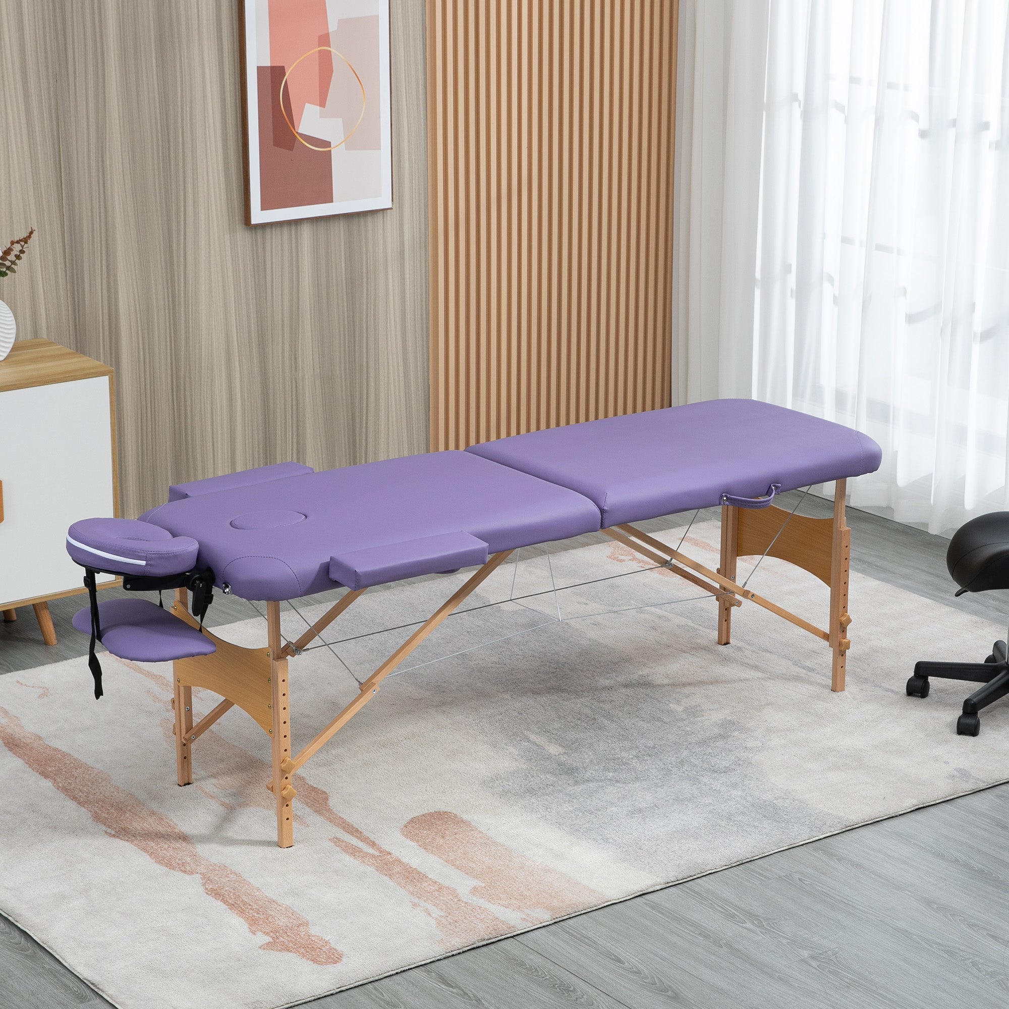 Portable Massage Bed, Folding Spa Beauty Massage Table with 2 Sections, Carry Bag and Wooden Frame, Purple-1