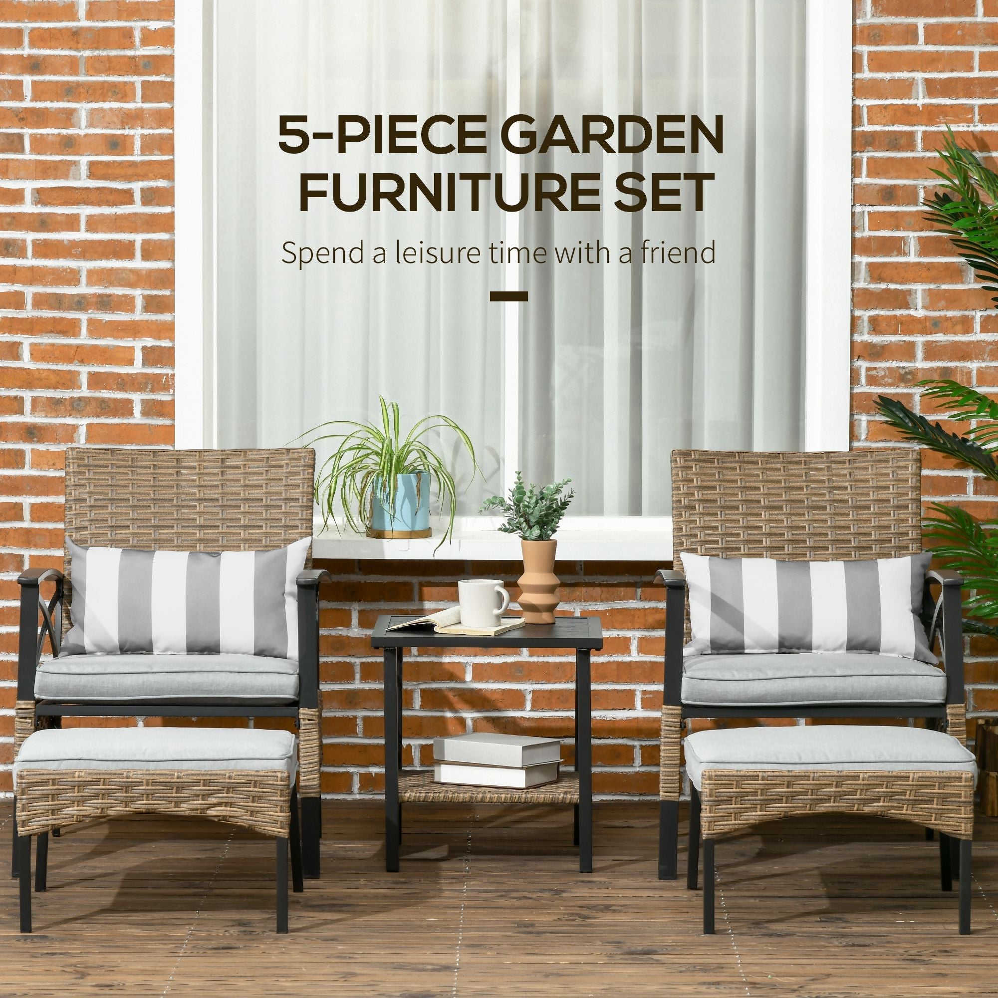 5 Piece PE Rattan Garden Furniture Set, 2 Armchairs, 2 Stools, Steel Tabletop with Wicker Shelf, Padded Outdoor Seating, Grey-3