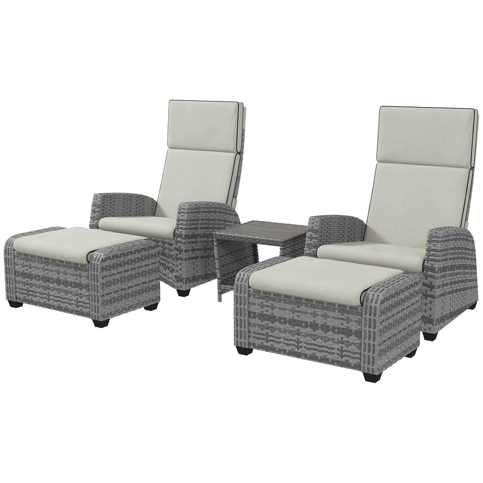 5-Piece Rattan Patio Reclining Chair Set with Footstools, Coffee Table, Cushions, for Outdoor Garden, Grey-0