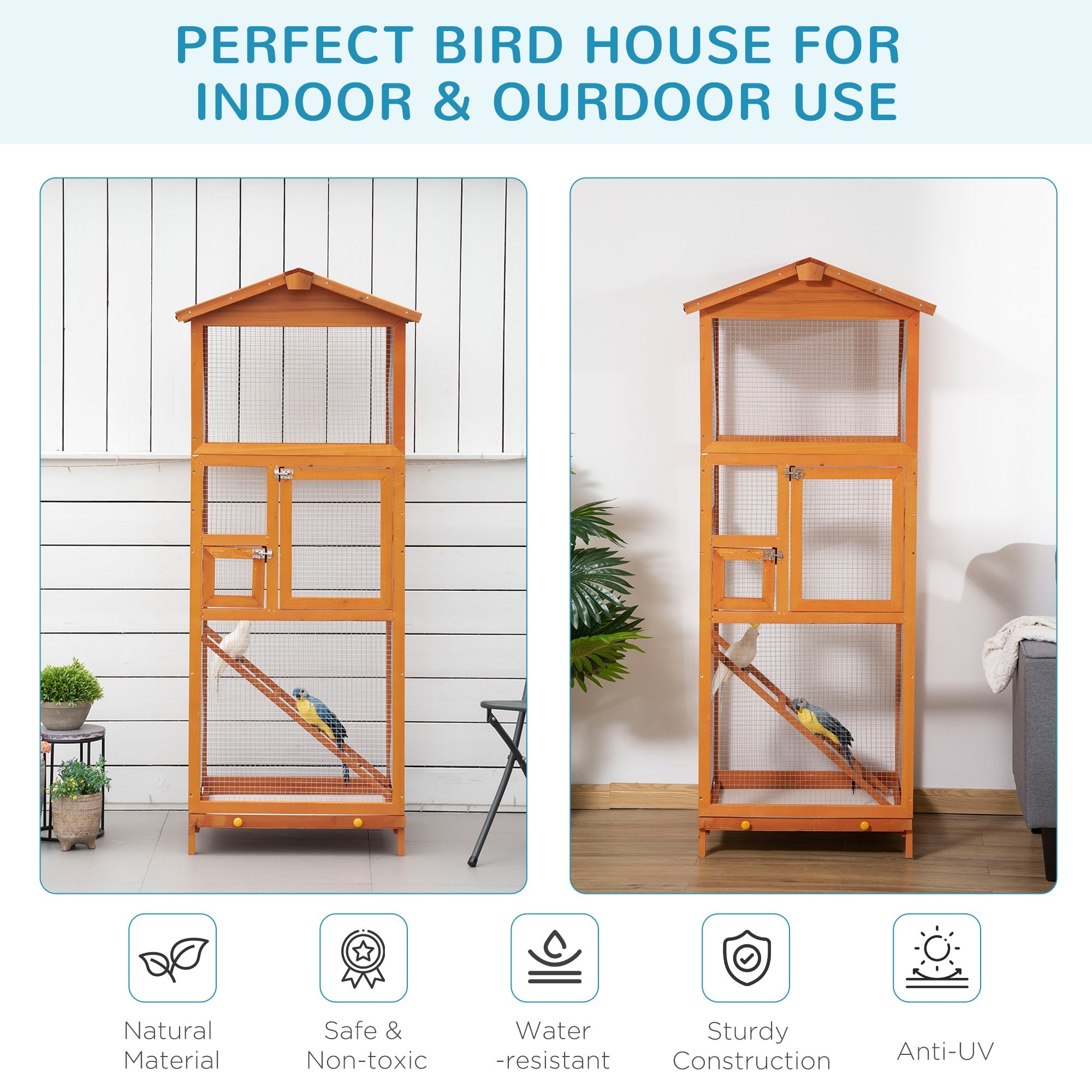 Wooden Bird Aviary Cages Outdoor Finches Birdcage with Pull Out Tray 2 Doors, Orange-2