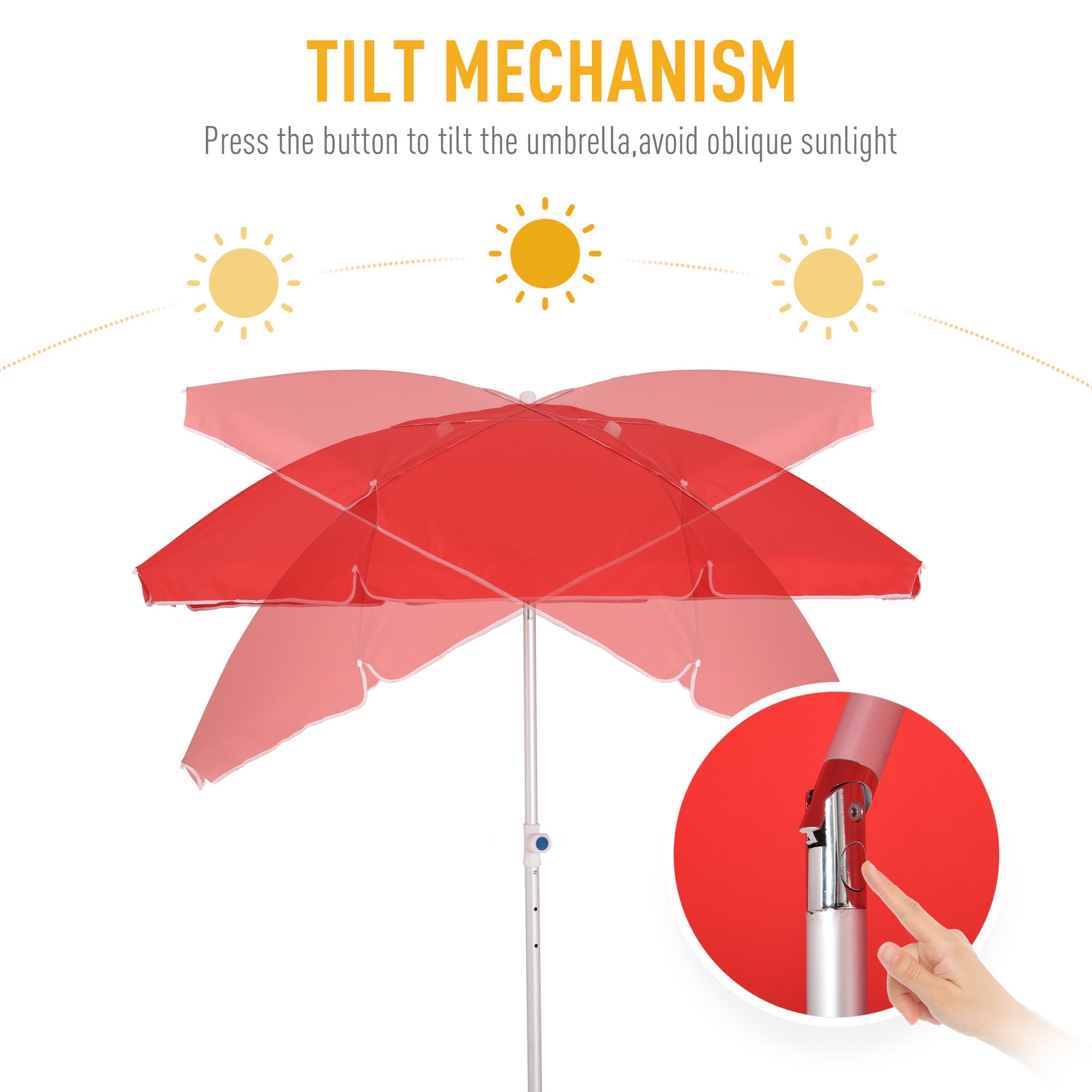 1.9m Arced Beach Umbrella 3-Angle Canopy Parasol w/ Aluminium Frame Pointed Spike Carry Bag Outdoor Sun Safe Shelter Patio Red-3