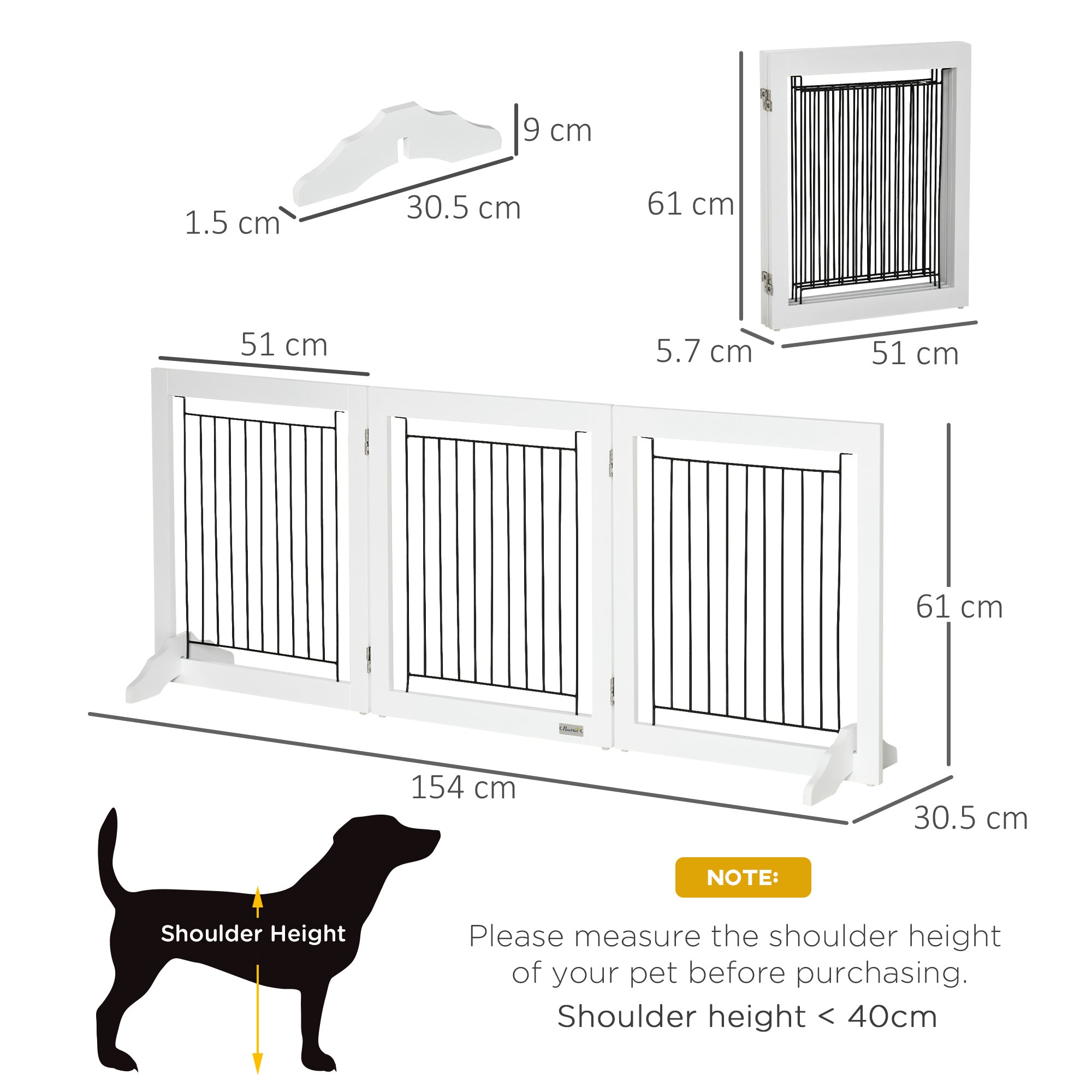 Dog Gate, Freestanding Pet Gate, Wooden Puppy Fence Foldable Design with 61 cm Height 3 Panels, 2 Support Feet, for House Doorway Stairs White-2