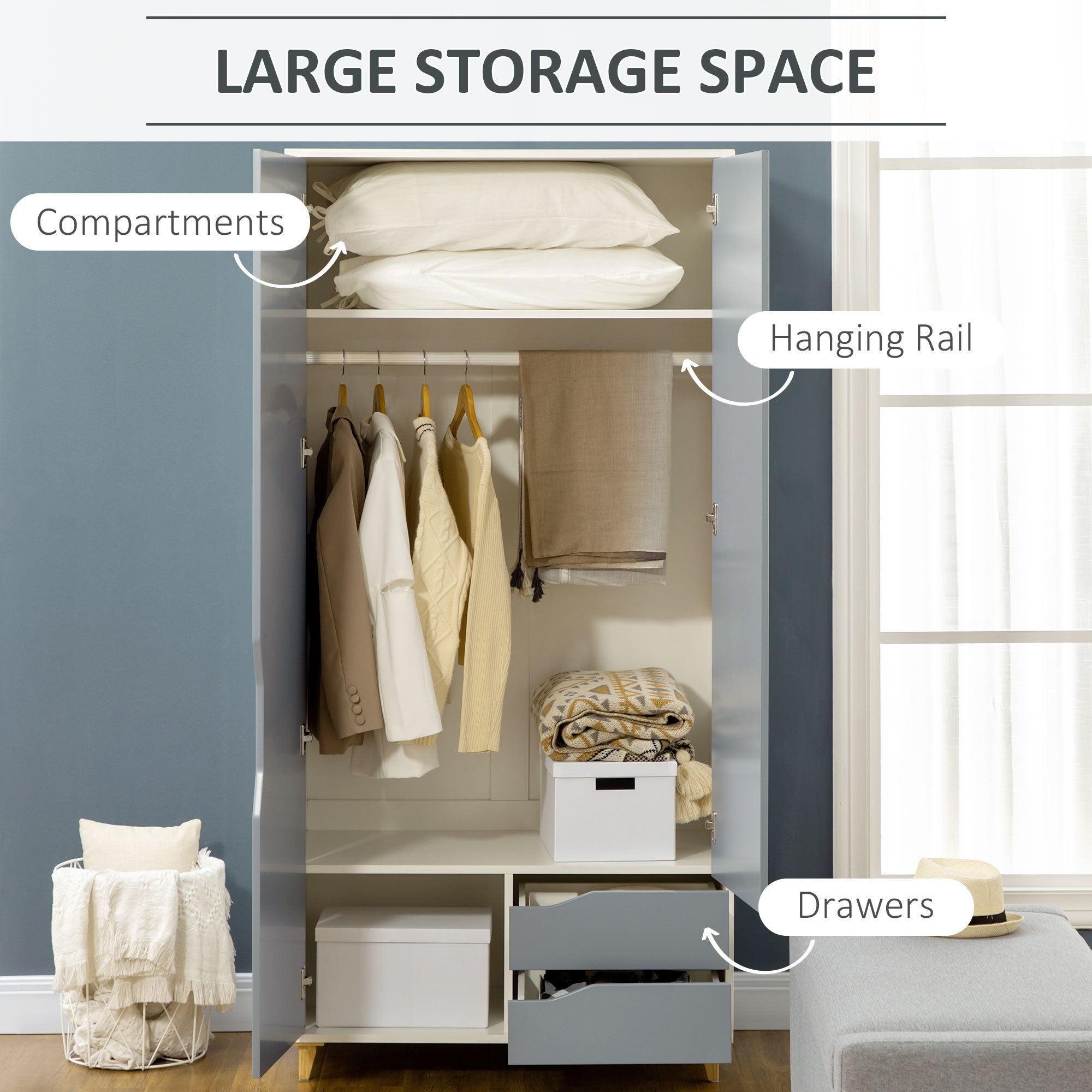 Wardrobe with 2 Doors, 2 Drawers, Hanging Rail, Shelves for Bedroom Clothes Storage Organiser, 89x50x185cm, Grey-4