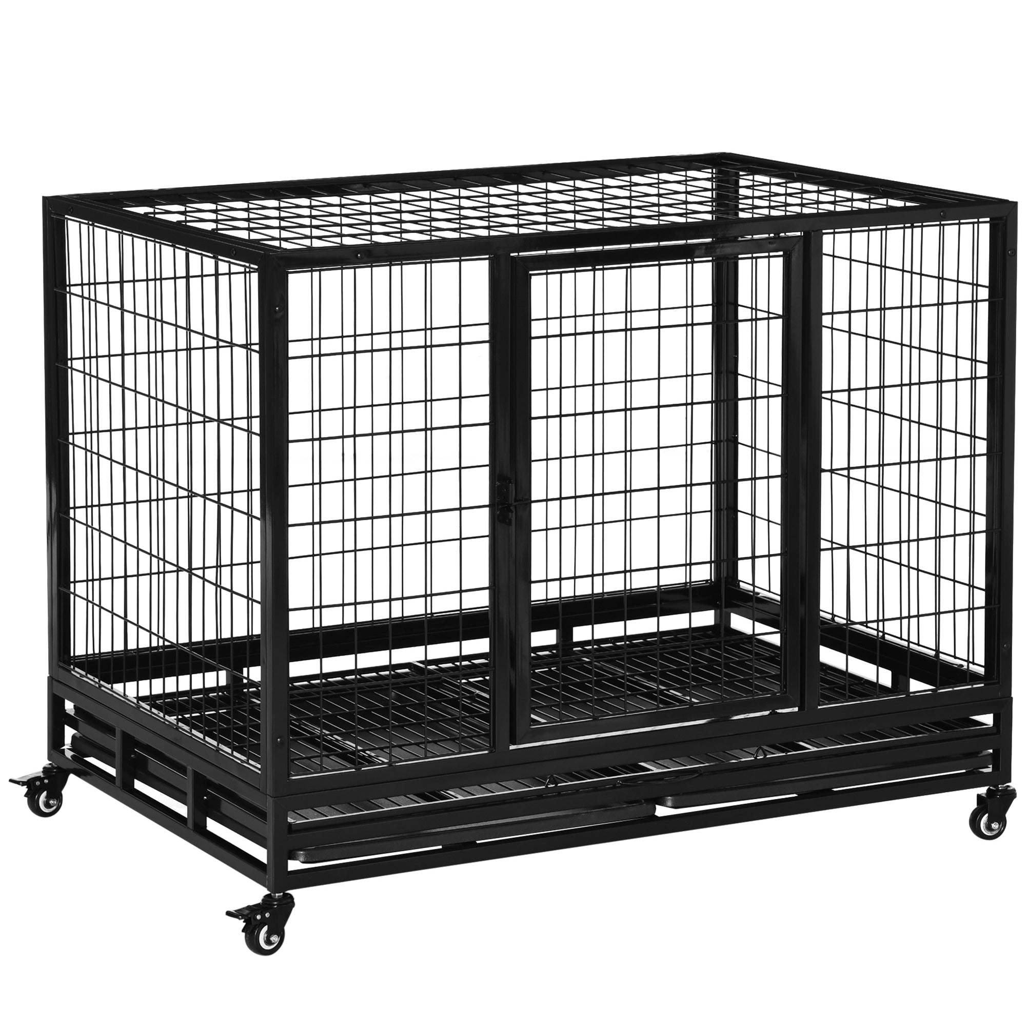 43" Heavy Duty Metal Dog Kennel Pet Cage with Crate Tray and Wheels - Black (Large)-0