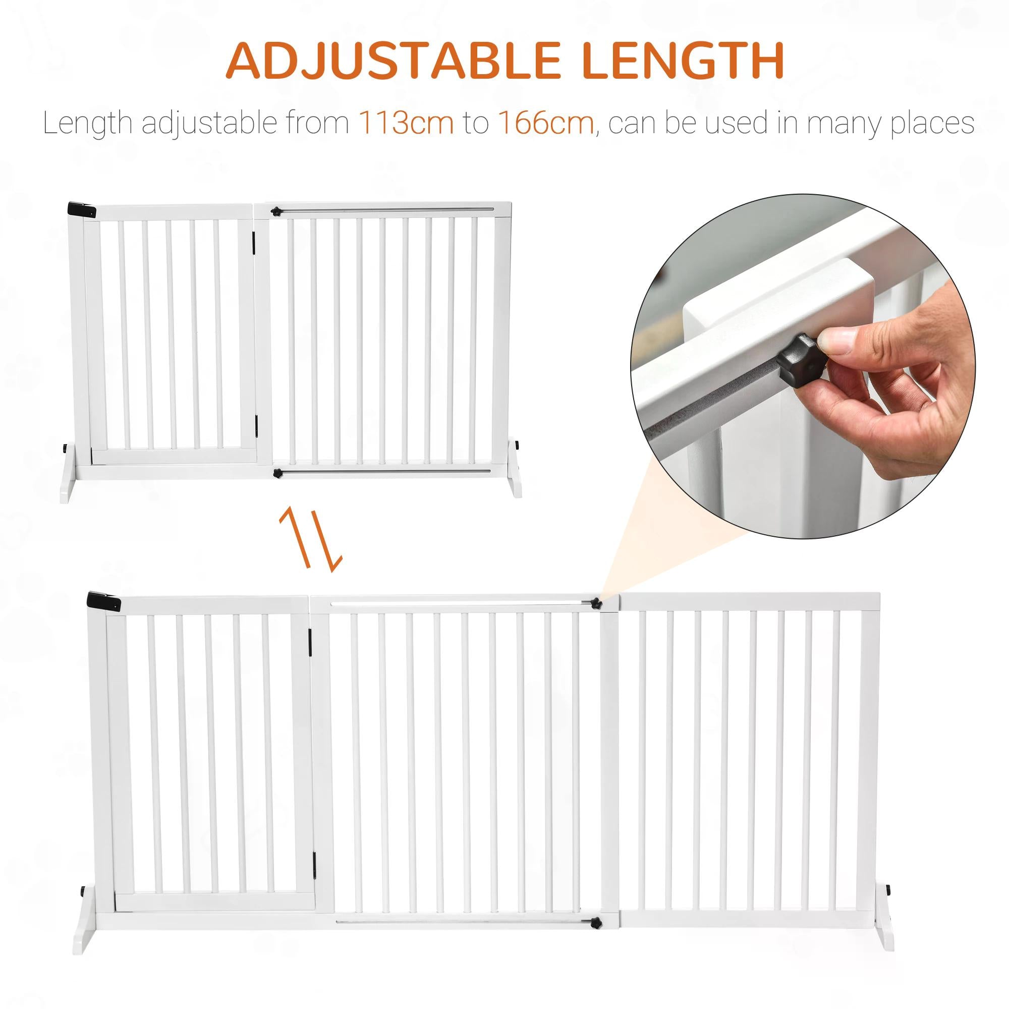 Adjustable Wooden Pet Gate Freestanding Dog Barrier Fence Doorway 3 Panels Safety Gate w/ Lockable Door White 71H x 113-166W cm-3