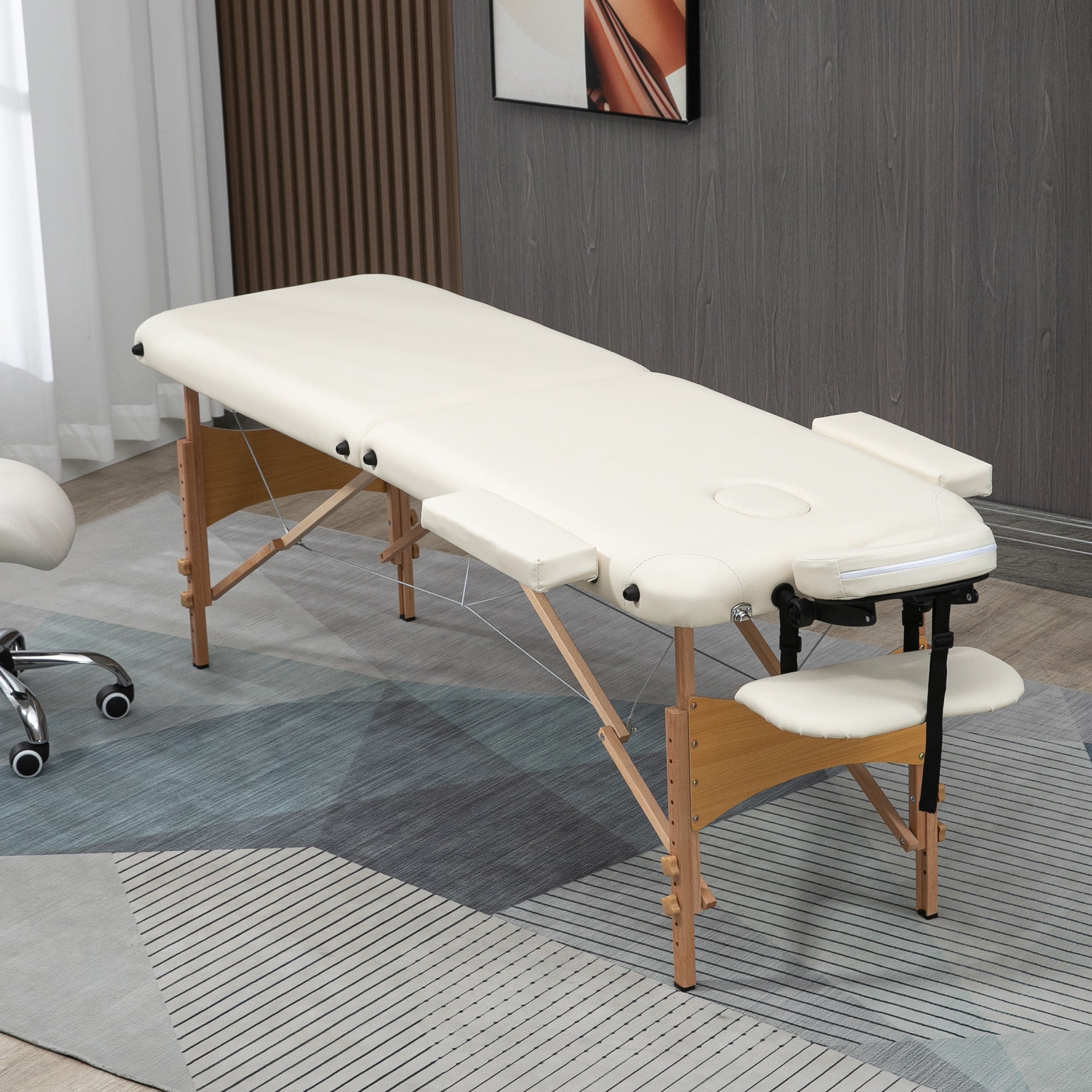 Portable Massage Bed, Folding Spa Beauty Massage Table with 2 Sections, Carry Bag and Wooden Frame, Cream-1