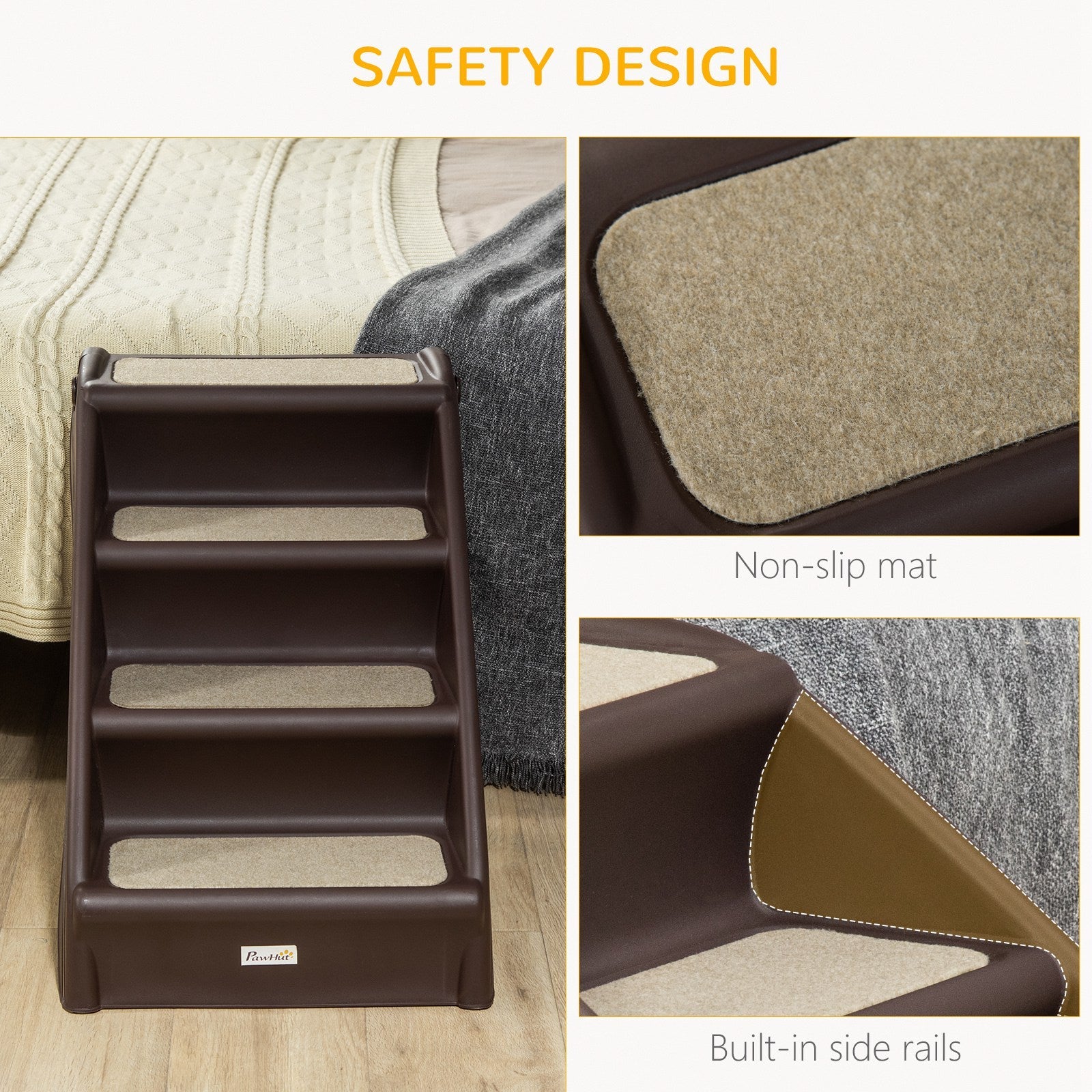 Foldable Pet Stairs, 4-Step for Cats Small Dogs with Non-slip Mats, 62 x 38 x 49.5 cm, Dark Brown-4