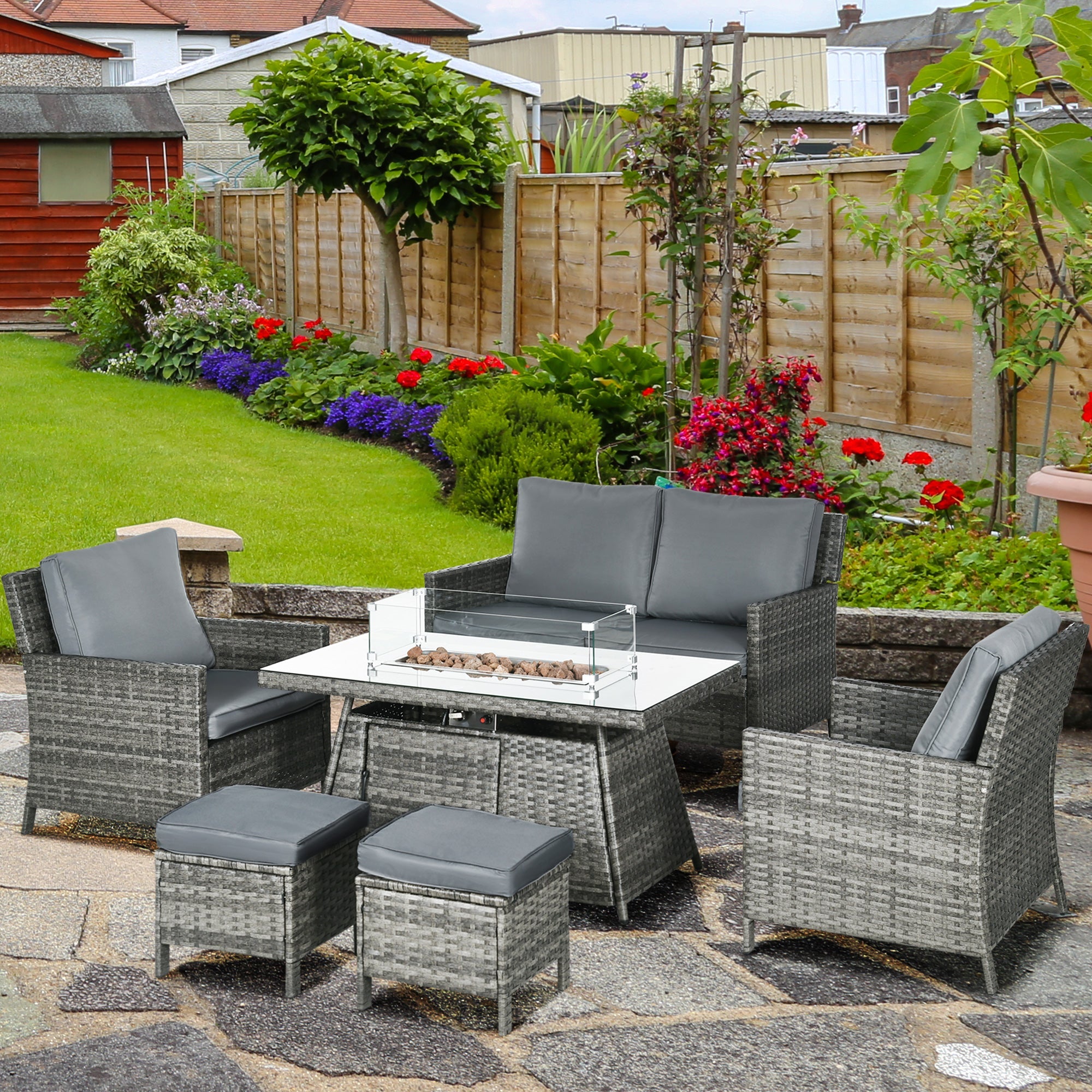 6-Seater Rattan Garden Furniture Set w/ Gas Fire Pit Table, Wicker Loveseat, 2 Armchairs and 2 Footstools, Grey-1