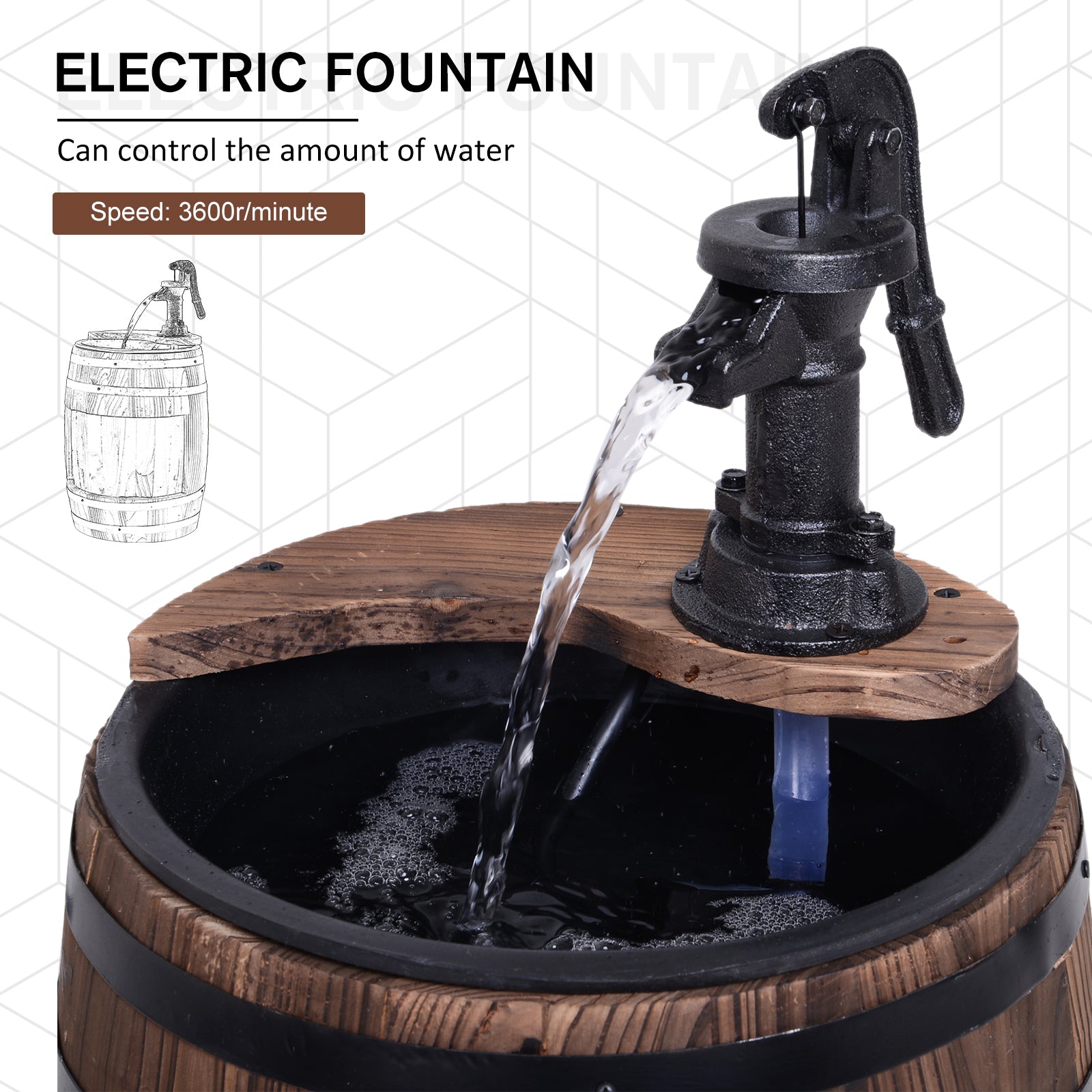 Wood Barrel Patio Water Fountain Electric Pump Garden Decorative Ornament with Flower Planter Decor-3